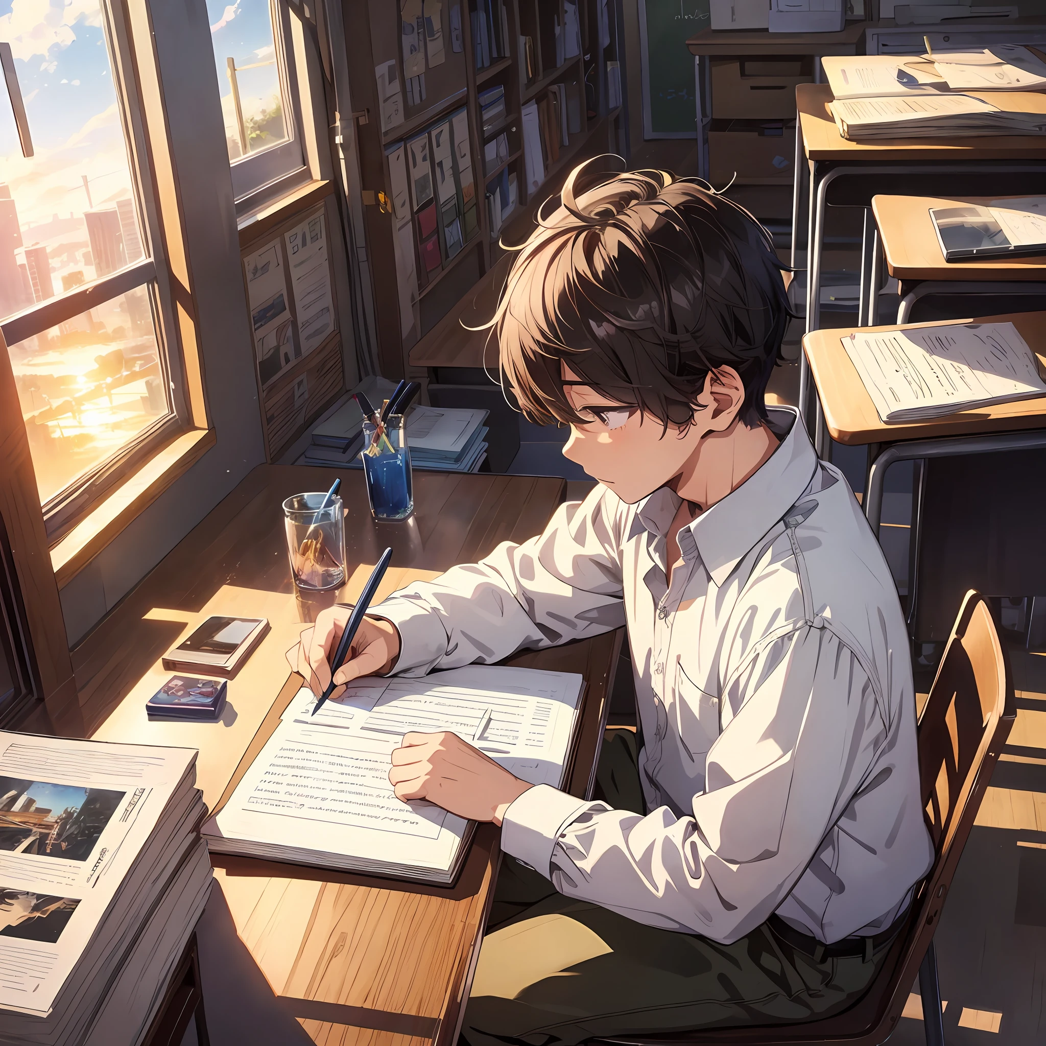 Official art illustration, a handsome boy writing homework on desk, classroom, sunset, masterpiece, 8k, exquisite light