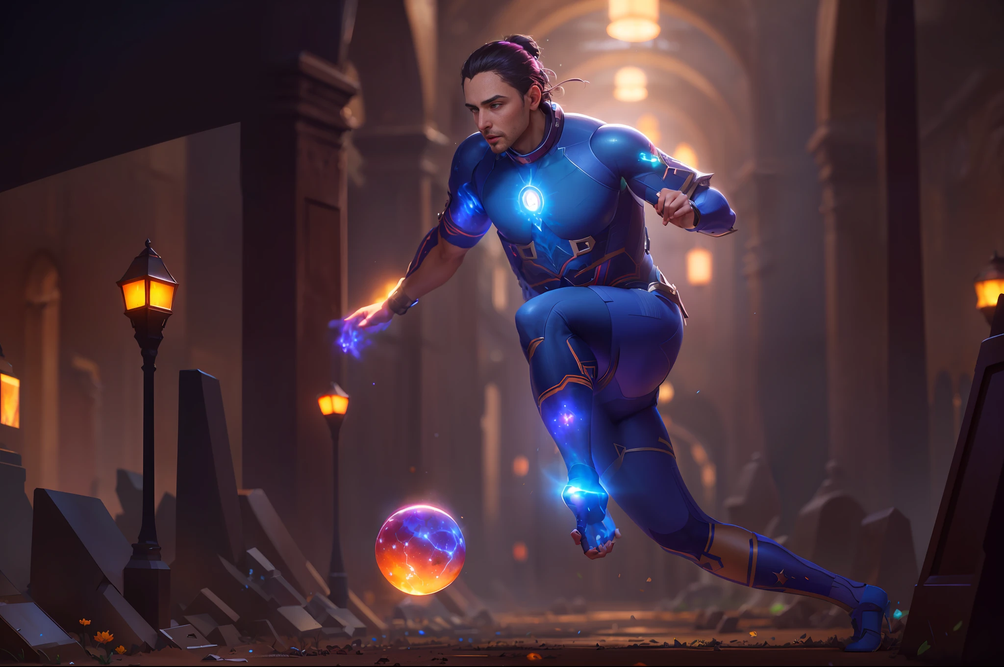 Highly detailed RAW color photo, gorgeous man, dynamic pose, (wide hips), (detailed skin), (detailed lips), (detailed eyes), (cosmic: 1.4), (necropolis: 1.1), (science fiction setting) (detailed face), (curvy), detailed eyes, chromatic aberration, depth of field, soft lighting, masterpiece, best quality, intricate, (lens reflection: 0.7), (flowering: 0.7), particle effects, ray tracing, tone mapping, highly detailed, concept art, smooth, sharp focus, dramatic lighting, highly detailed art, cinematic, hyper-realistic painting, trending on Artstation, 8K, amazing shadows, realistic, (highly detailed background: 1.2), mid-journey art
