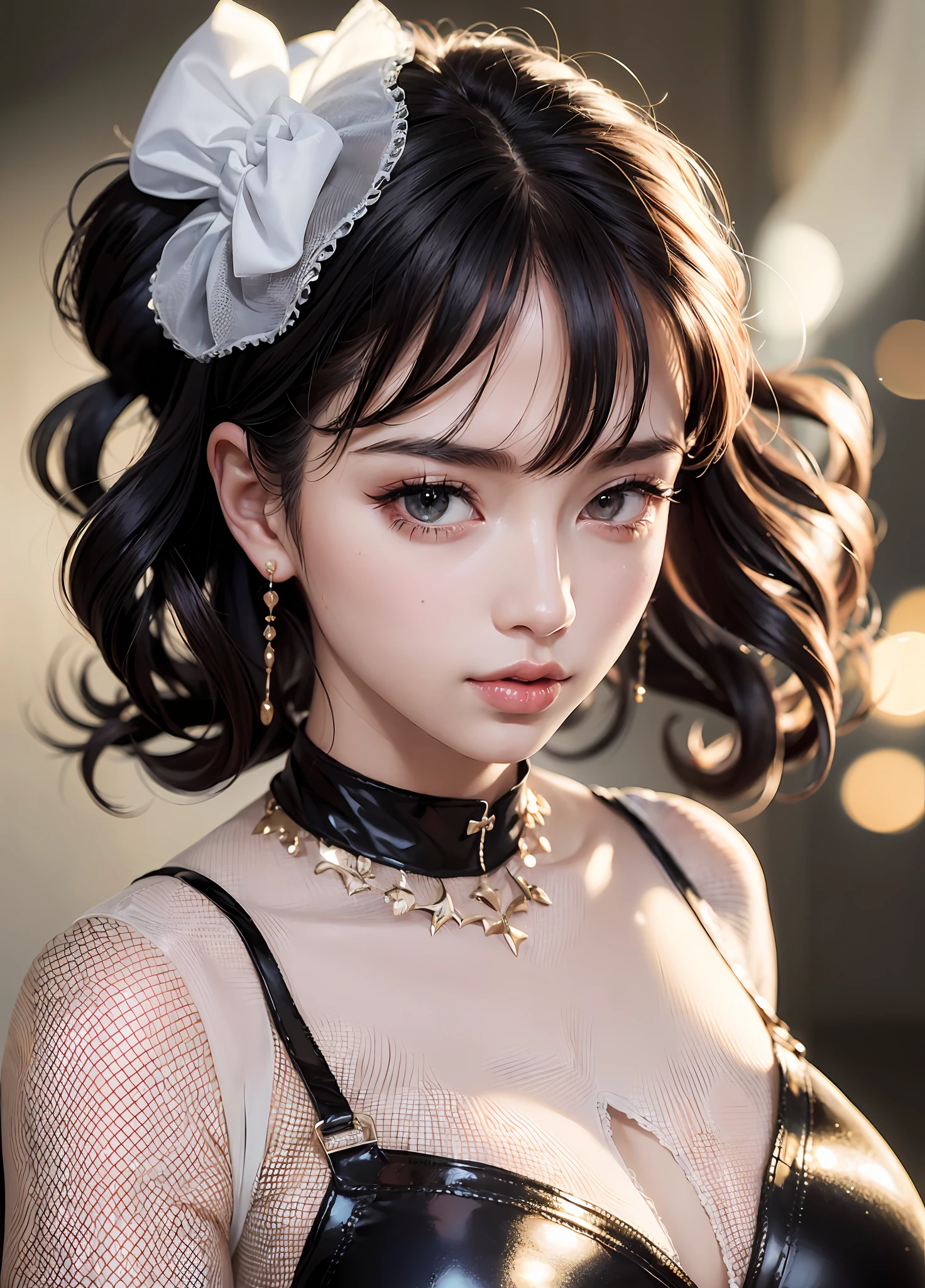 (8k, RAW photo, realistic photo: 1.25), (lip gloss, eyelashes, glossy face, glossy skin, best quality, super high resolution, depth of field, chromatic aberration, caustics, wide lighting, natural shadow, Kpop idol), looking at the audience, transparent white clothes, black curly hair, pink high heels, crystal, gold jewelry, buns, bandages, ((huge, lower chest, side chest): 1.3), (mesh clothes, mesh clothes, transparent clothes, torn clothes),