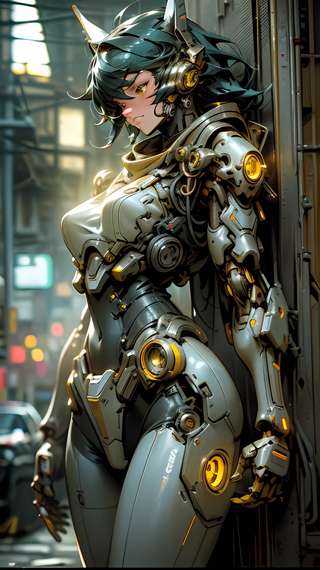 Dark_Fantasy,Cyberpunk, 1 cyberpunk catgirl, Mechanical marvel,Robotic presence,Cybernetic guardian, wearing a worn-out mech suit, intricate, (steel metal [rusty]), black and yellow, elegant, clear focus, shot by greg rutkowski, soft lighting, vibrant colors, masterpiece, ((street)), cowboy shot, dynamic pose
