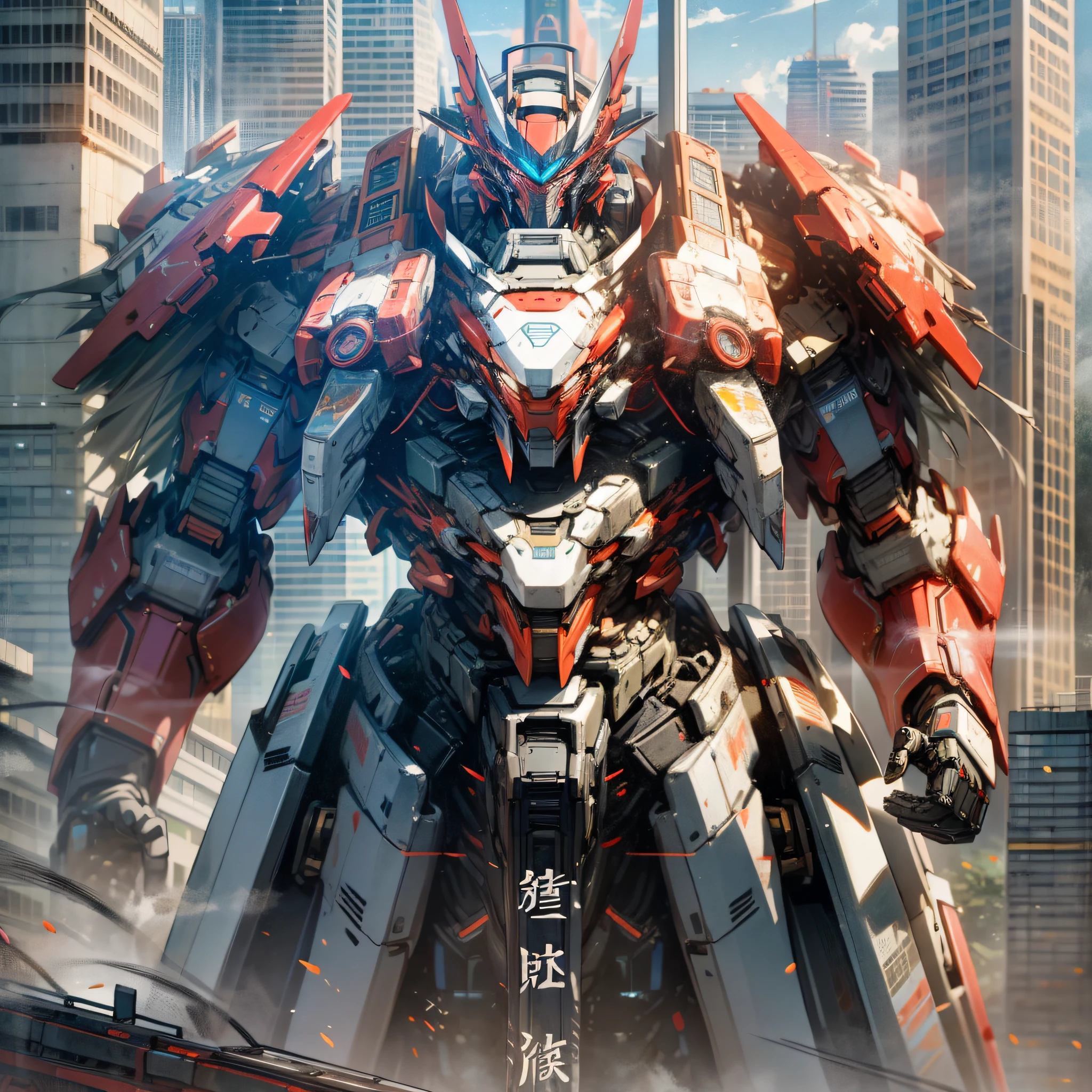 Pacific Rim mecha style, the background is the city, the mecha is higher than the city, the super large silver mech, holding a giant sword, the giant sword emits dark red light, there is a close-up of the face, and there is a fire weapon, the body is printed with Chinese Jishui 4 red characters, realistic style, top view, the picture is 8K resolution --auto --s2