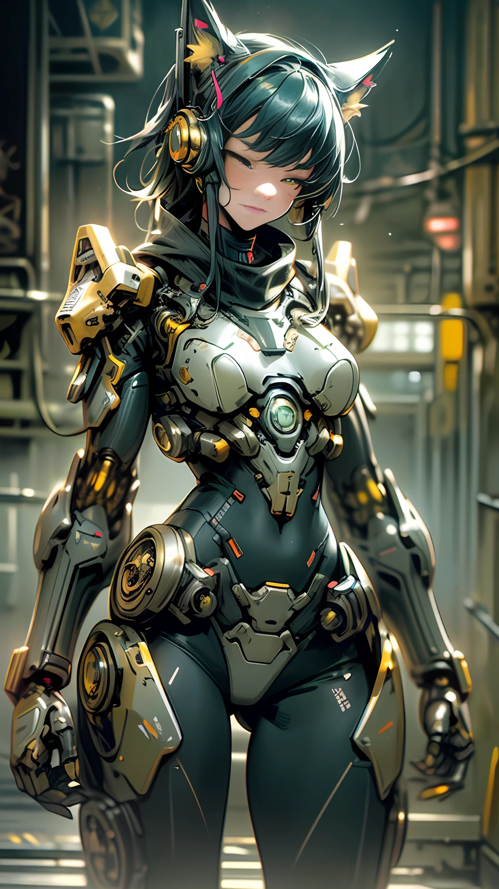 Dark_Fantasy,Cyberpunk, 1 cyberpunk catgirl, Mechanical marvel,Robotic presence,Cybernetic guardian, wearing a worn-out mech suit, intricate, (steel metal [rusty]), black and yellow, elegant, clear focus, shot by greg rutkowski, soft lighting, vibrant colors, masterpiece, ((street)), cowboy shot, dynamic pose