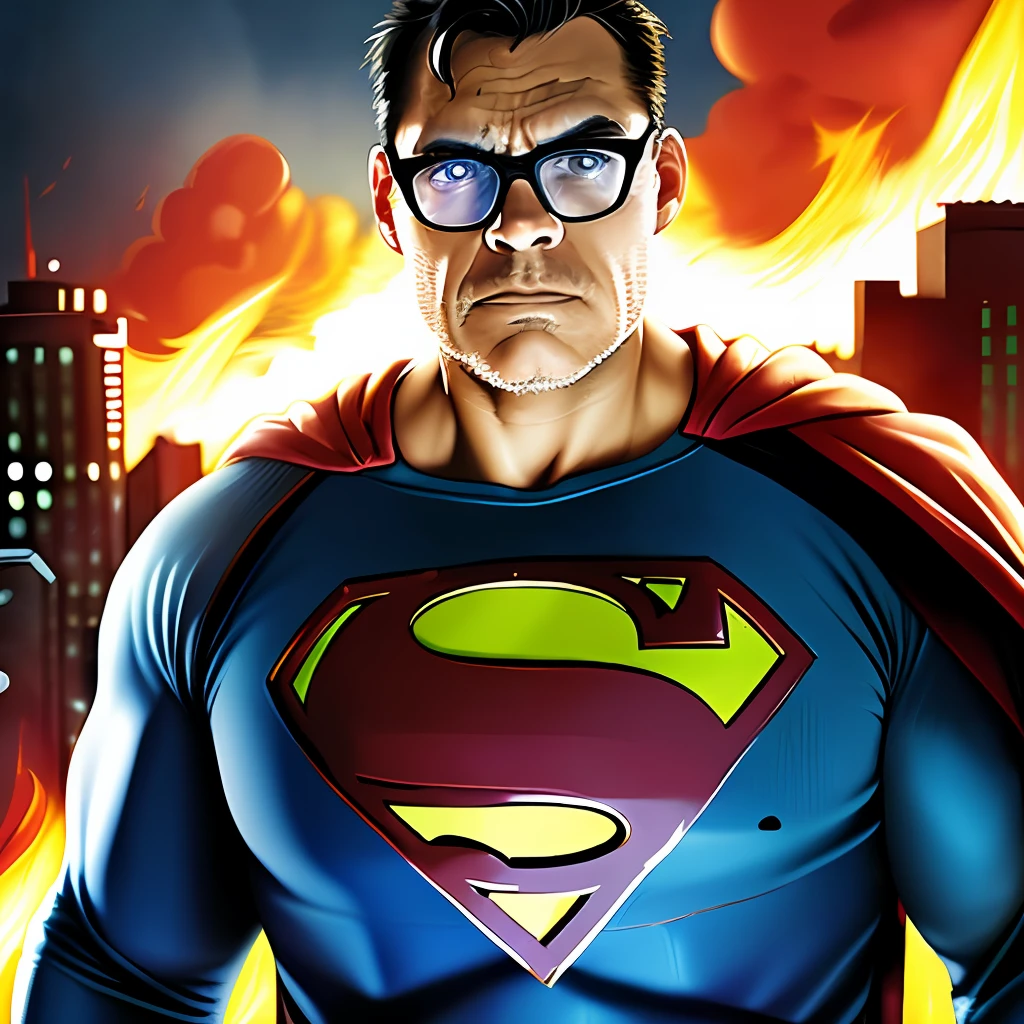 guttonerdvison3, Create an illustration in the style of Alex Ross, depicting a 50-year-old man wearing glasses, with an incredibly detailed face and skin. He is dressed in the iconic Superman costume, complete with the blue suit, red cape, and the unmistakable "S" emblem on his chest.

Set the scene in a city engulfed in flames, with billowing smoke and chaos in the streets below. The man soars through the air, displaying a powerful and determined expression as he flies between buildings, navigating the dangerous environment.

Pay close attention to the intricate details of the man's face, capturing the texture of his skin, the intensity in his eyes behind the glasses, and the determined set of his jaw. Show the wrinkles and lines that come with age, adding to the realism of the portrayal.

The burning cityscape should be depicted with meticulous attention to detail. Show crumbling buildings, flickering flames, and billowing smoke, creating a sense of urgency and danger in the illustration. Use lighting techniques to emphasize the contrast between the fiery chaos below and the determined hero soaring above.

Stay true to the artistry of Alex Ross, emphasizing realism, attention to detail, and a dynamic composition. Let the final illustration capture the essence of the Superman character, showcasing strength, heroism, and a sense of hope in the face of adversity.