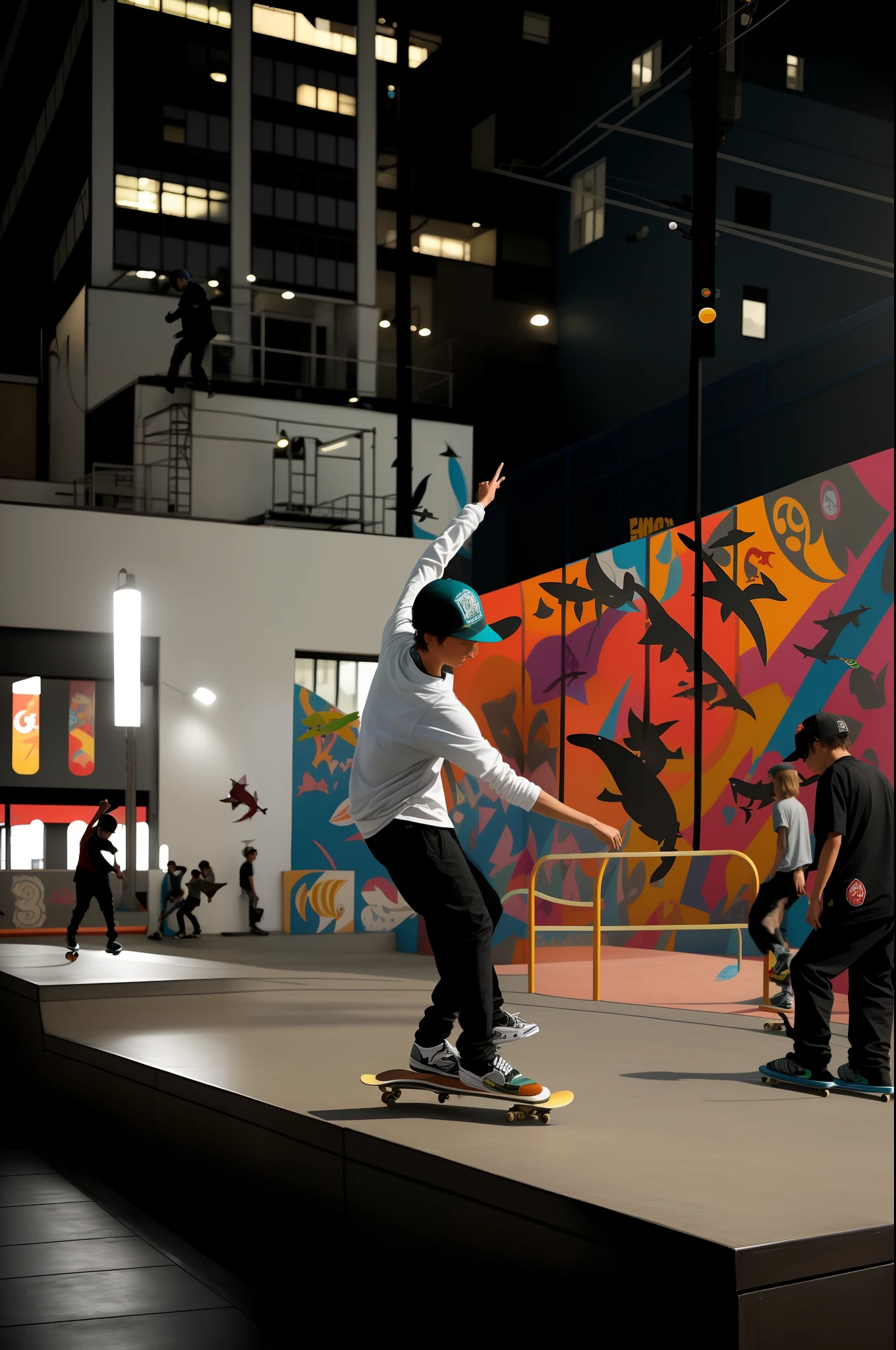 Skateboarders performing tricks on platform in front of colorful walls, skateboarding, sharks, illustrations --auto --s2