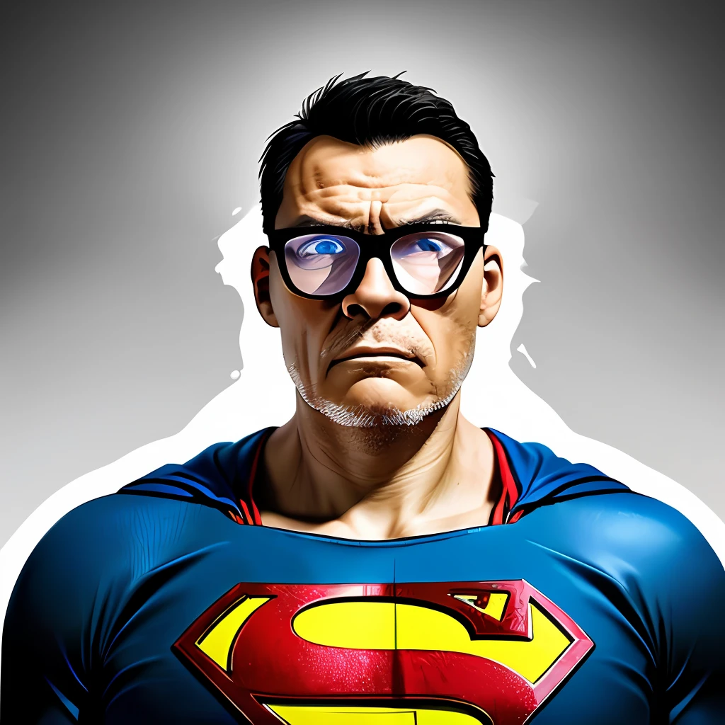 guttonerdvison3, Create an illustration in the style of Alex Ross, depicting a 50-year-old man wearing glasses, with an incredibly detailed face and skin. He is dressed in the iconic Superman costume, complete with the blue suit, red cape, and the unmistakable "S" emblem on his chest.

Set the scene in a city engulfed in flames, with billowing smoke and chaos in the streets below. The man soars through the air, displaying a powerful and determined expression as he flies between buildings, navigating the dangerous environment.

Pay close attention to the intricate details of the man's face, capturing the texture of his skin, the intensity in his eyes behind the glasses, and the determined set of his jaw. Show the wrinkles and lines that come with age, adding to the realism of the portrayal.

The burning cityscape should be depicted with meticulous attention to detail. Show crumbling buildings, flickering flames, and billowing smoke, creating a sense of urgency and danger in the illustration. Use lighting techniques to emphasize the contrast between the fiery chaos below and the determined hero soaring above.

Stay true to the artistry of Alex Ross, emphasizing realism, attention to detail, and a dynamic composition. Let the final illustration capture the essence of the Superman character, showcasing strength, heroism, and a sense of hope in the face of adversity.