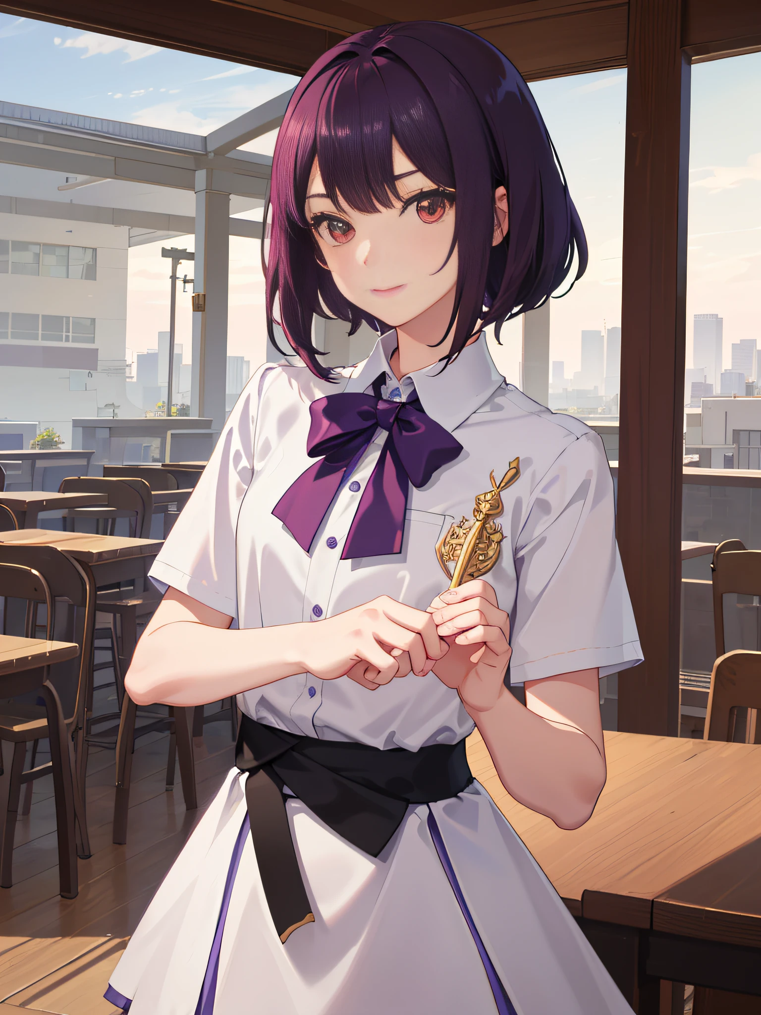 Masterpiece, best quality, delicate facial features, bust shooting, extremely detailed CG unified 8K wallpaper, (female 1.3), uniform, red eyes, purple short hair, happy, (campus 1.3)