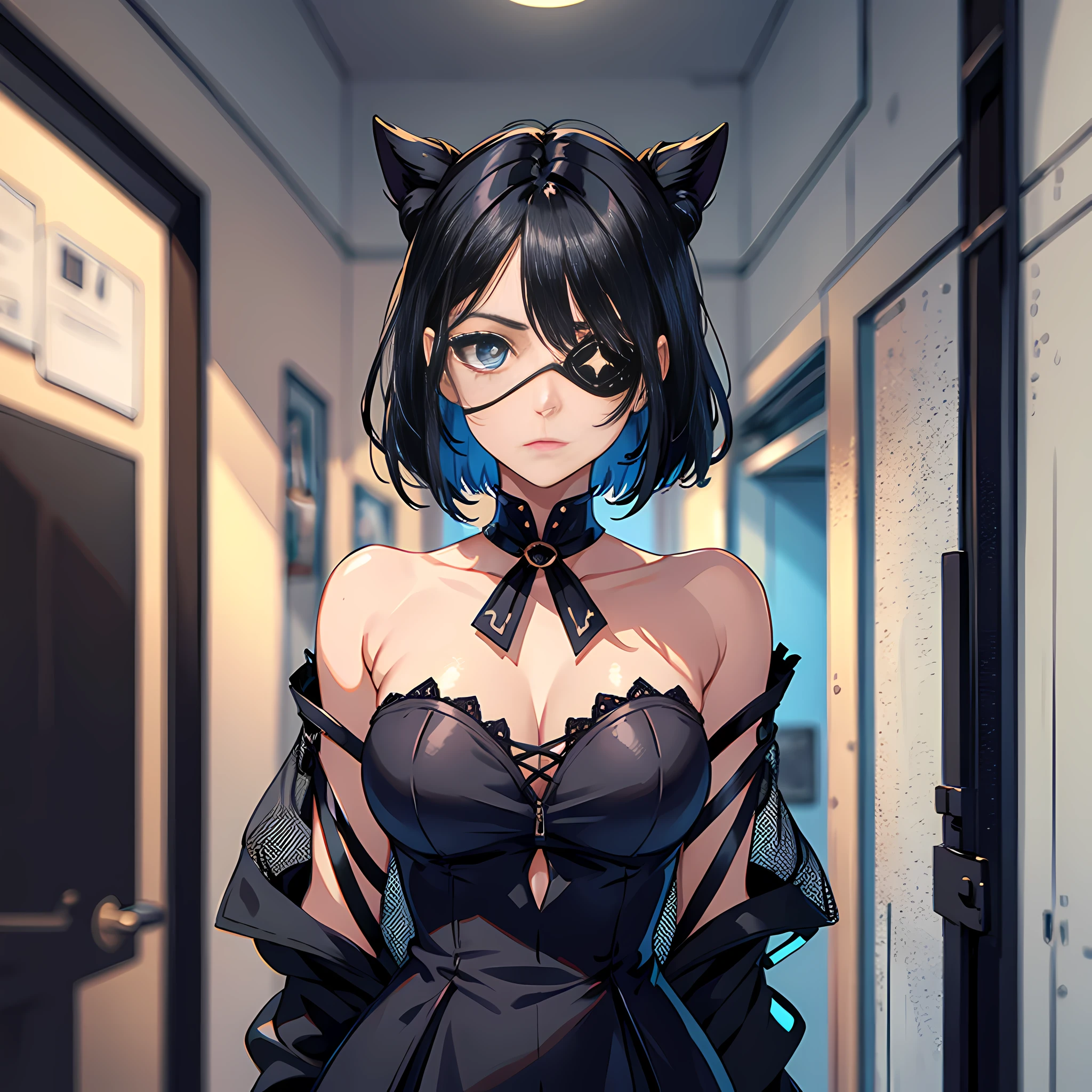 1 woman, delicate face, black hair, blue pupils, black dress, standing in a room with an eye patch, surreal
