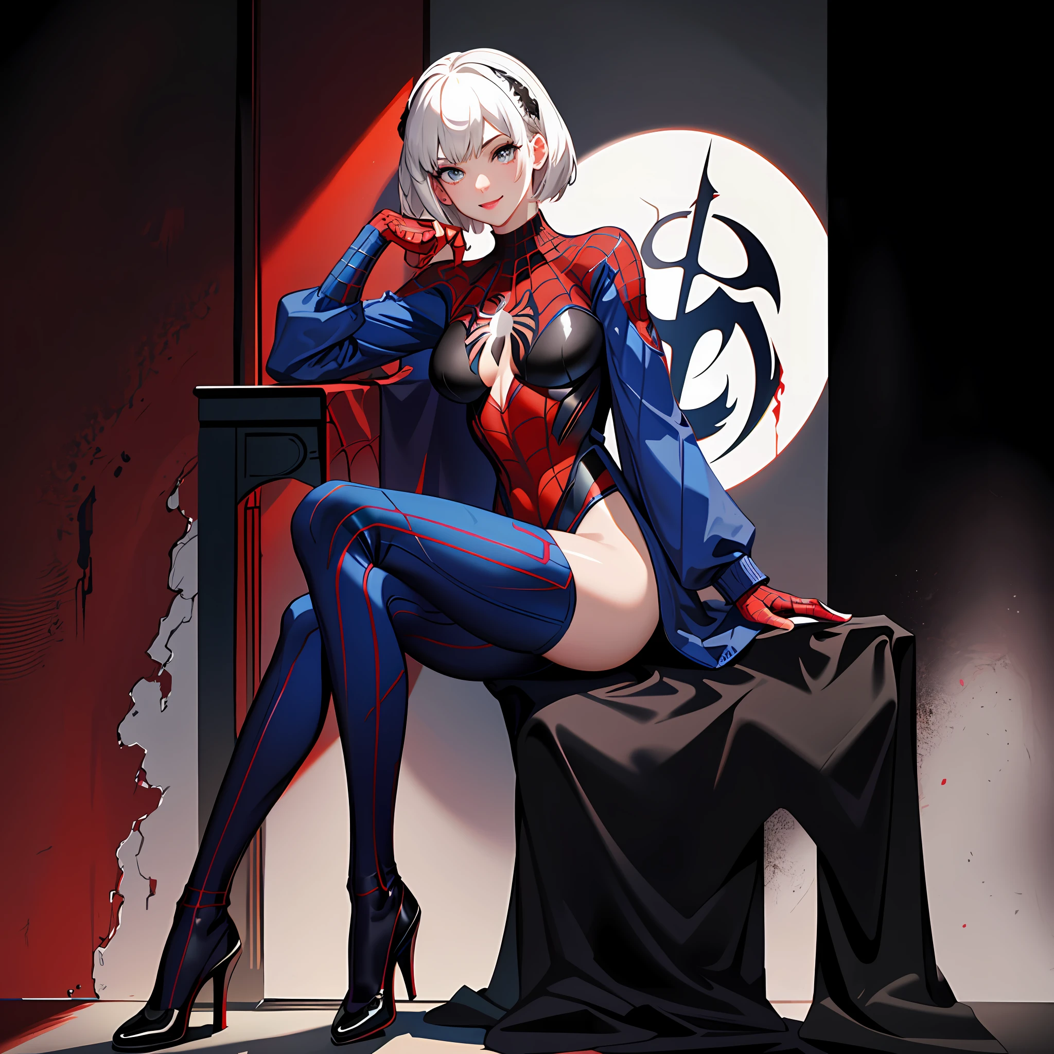 Masterpiece, Best, Highest Resolution, Highest Quality, Highest Pixel, Gwen Spider-Man, Full Body, Spider Uniform, Extremely Detailed CG Wallpaper, Moderate Breasts, Sexy Figure, Sitting with Legs Open, White Hair, One Side Shaved, Face Smile, Red Glow, Milk Stains on the Corners of the Mouth