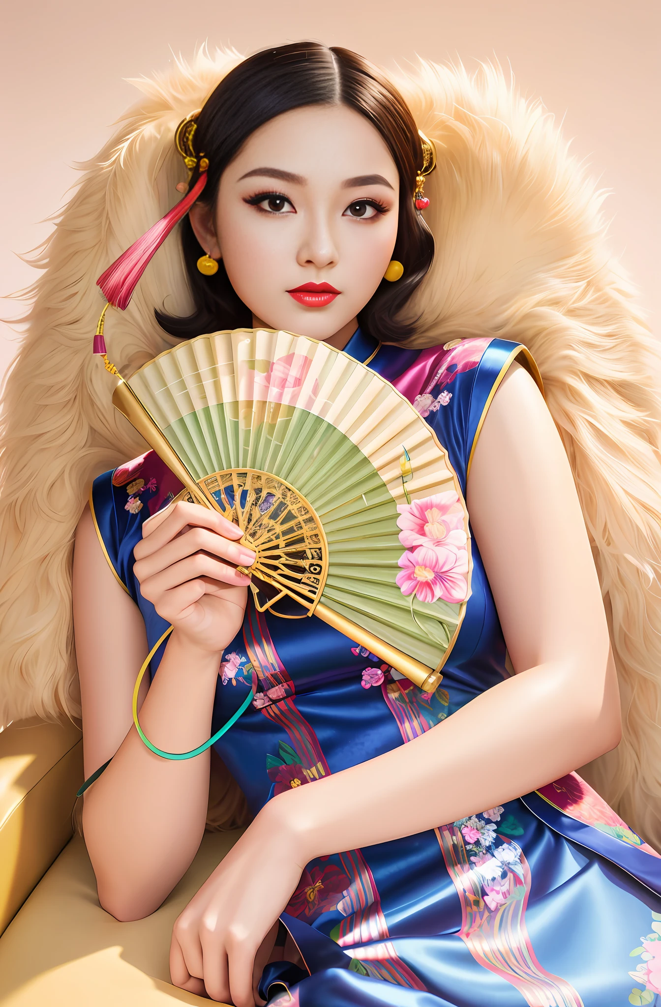 folding fan,Realistic, high resolution, 1 girl in gorgeous cheongsam, (fur), (raw photo,intricate ultra-detailed costumes: 1.4, extremely gorgeous costumes), 1930s Shanghai,vintagepunk sofa,vintagepunk gramophone,vintagepunk telephone,vintagepunk lamp,vintage furnitures,vintagepunk background, cinematic lighting,neons, masterpiece, perfect anatomy, perfect face, abstract beauty, illustration, best quality, (official art, extremely detailed CG Unity 8k wallpaper), highly detailed, absurd, 8k resolution, (((realistic))), (((realistic))), popular on art stations