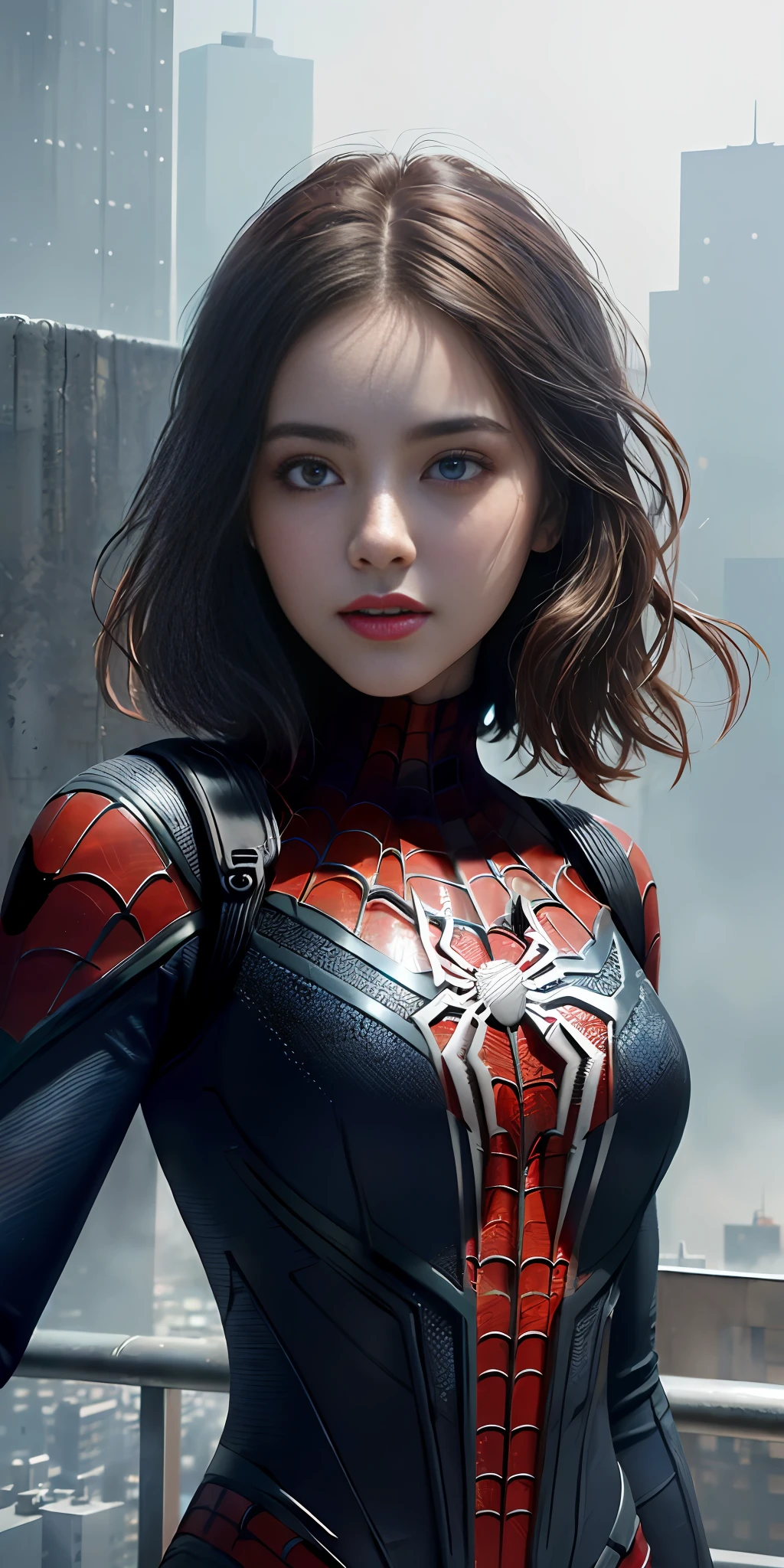 (1girl:1.3), Solo, (((Very detailed face)))), ((Very detailed eyes and face)))), Beautiful detail eyes, Body parts__, Official art, Unified 8k wallpaper, Super detailed, beautiful and beautiful, beautiful, masterpiece, best quality, original, masterpiece, super fine photo, best quality, super high resolution, realistic realism, sunlight, full body portrait, amazing beauty, dynamic pose, delicate face, vibrant eyes, (from the front), She wears Spider-Man suit, red and black color scheme, spider, very detailed city roof background, rooftop, overlooking the city, detailed face, detailed complex busy background, messy, gorgeous, milky white, highly detailed skin, realistic skin details, visible pores, clear focus, volumetric fog, 8k uhd, DSLR, high quality, film grain, fair skin, photo realism, lomography, futuristic dystopian megalopolis, translucent
