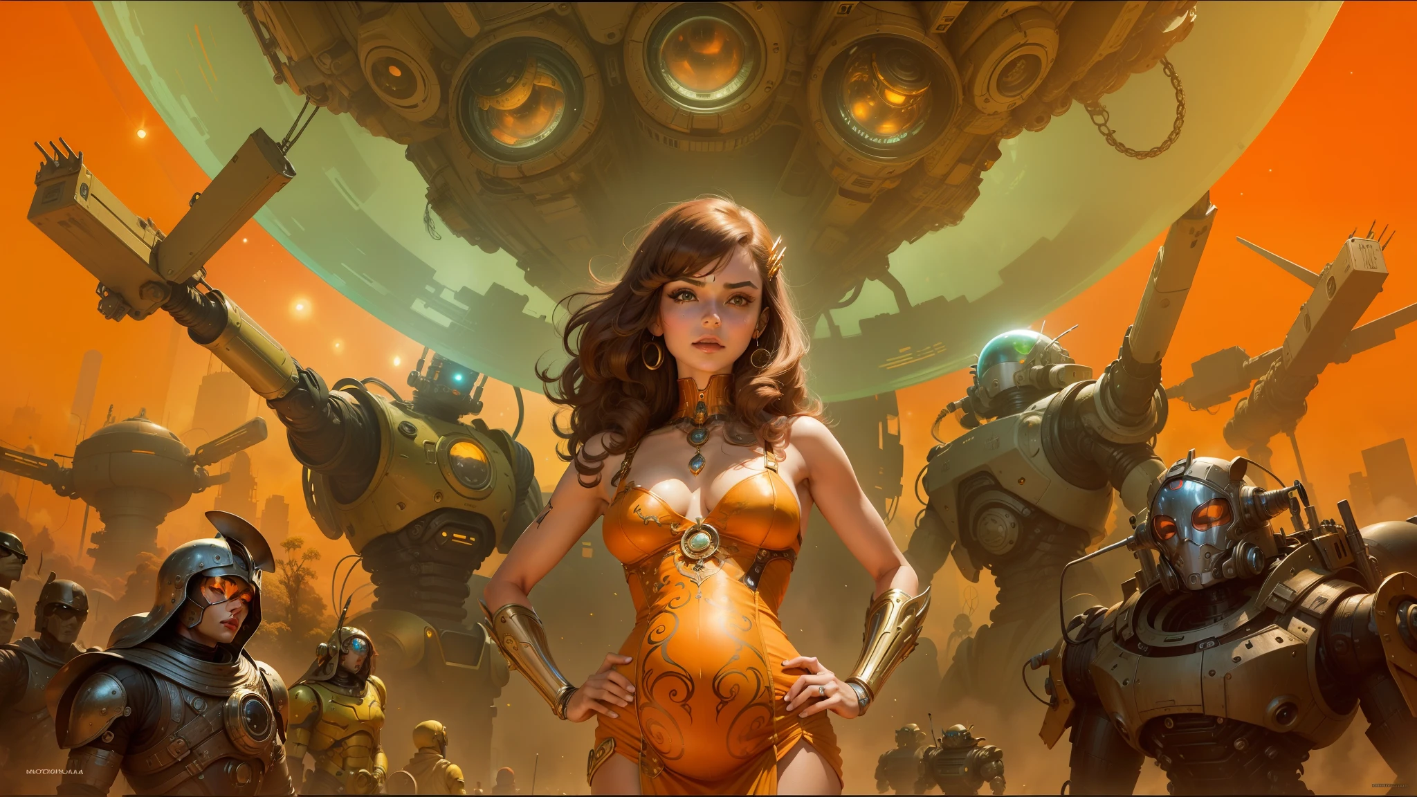 a close up of a woman in a dress standing in front of a bunch of robots, barbarella, orange color tone, movie promotional art, psychedelic cosmic horror, holy cyborg necromancer girl, brunette fairy woman, inspired by Robert McGinnis, ornate galactic gold, 2 0 5 0 s, widescreen, juan gimenez, pregnant female cyborg --auto --s2