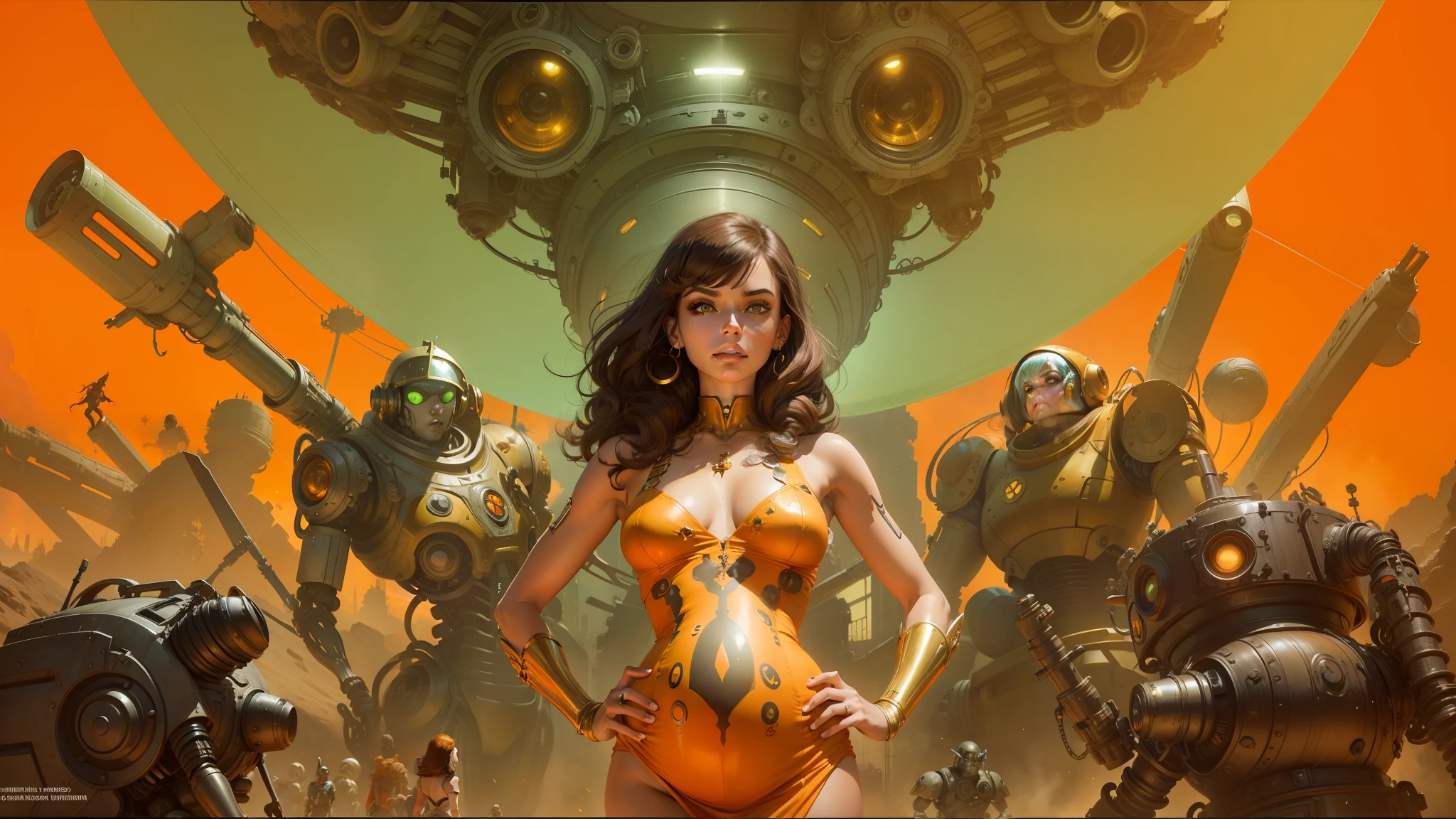 a close up of a woman in a dress standing in front of a bunch of robots, barbarella, orange color tone, movie promotional art, psychedelic cosmic horror, holy cyborg necromancer girl, brunette fairy woman, inspired by Robert McGinnis, ornate galactic gold, 2 0 5 0 s, widescreen, juan gimenez, pregnant female cyborg --auto --s2