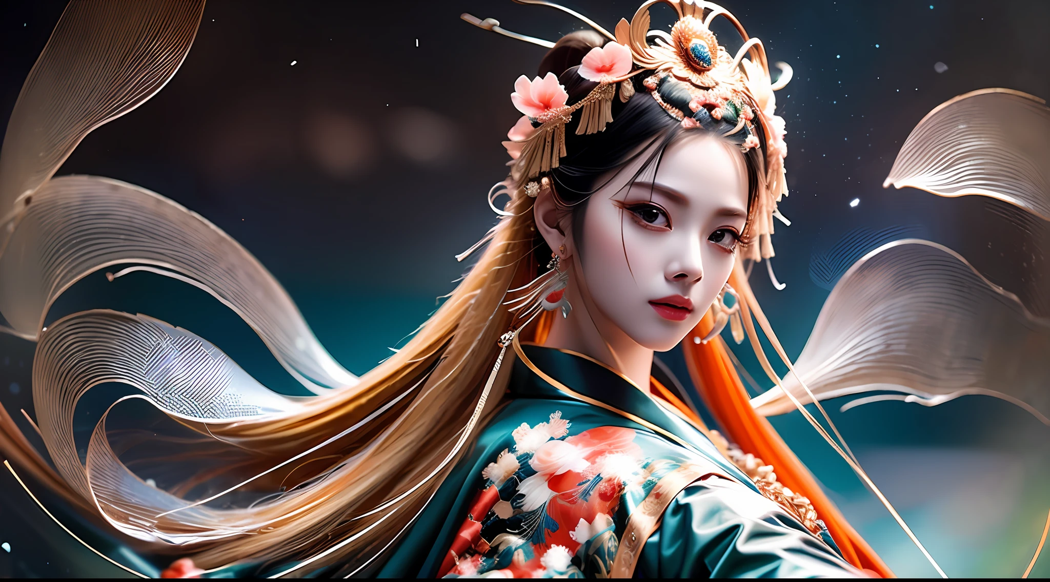 Wu Zetian, female emperor, a very beautiful woman, dignified and beautiful, beautiful face, beautiful eyebrows, delicate skin, graceful figure, dignified atmosphere, dignified and majestic, her hairstyle is often coiled in a bun, Chinese headdress, jewelry, gorgeous clothes, making her look more noble and gorgeous, peerless beauty, "national color and fragrance, sinking fish falling geese". Hanfu,