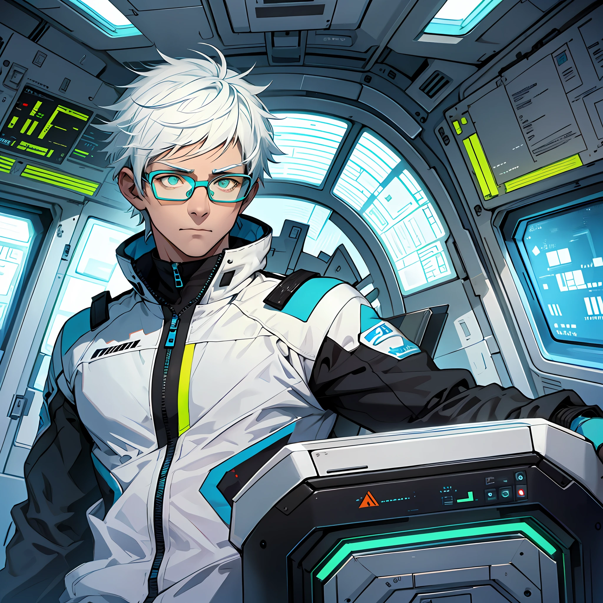 Athletic body boy, white hair, wearing glasses, black clothes with light blue, in a spaceship, light green eyes