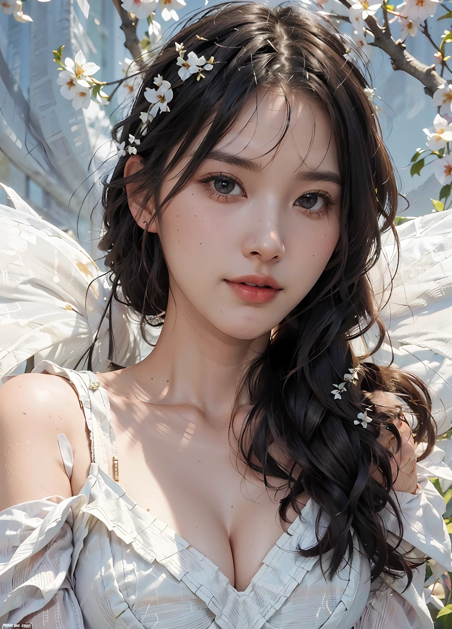 Olivia Munn, Best quality, masterpiece, ultra high res, (photorealistic:1.4), raw photo, 1girl, signature white dress, off shoulder, blossom flower field, glowing skin, light smile, vogue makeup, extra large breasts, cleavage, busty