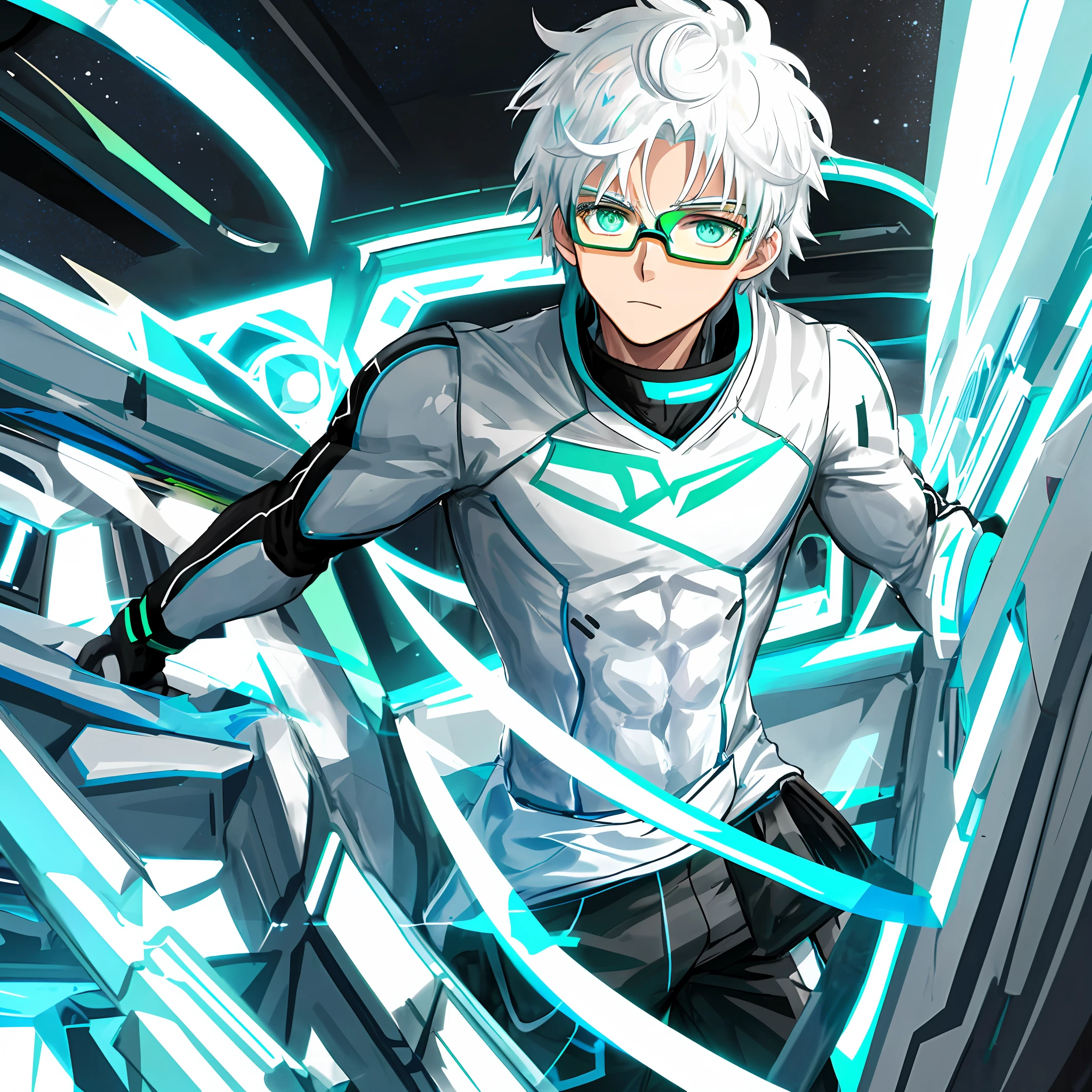 Athletic body boy, white hair, wearing glasses, black clothes with light blue, in a spaceship, light green eyes