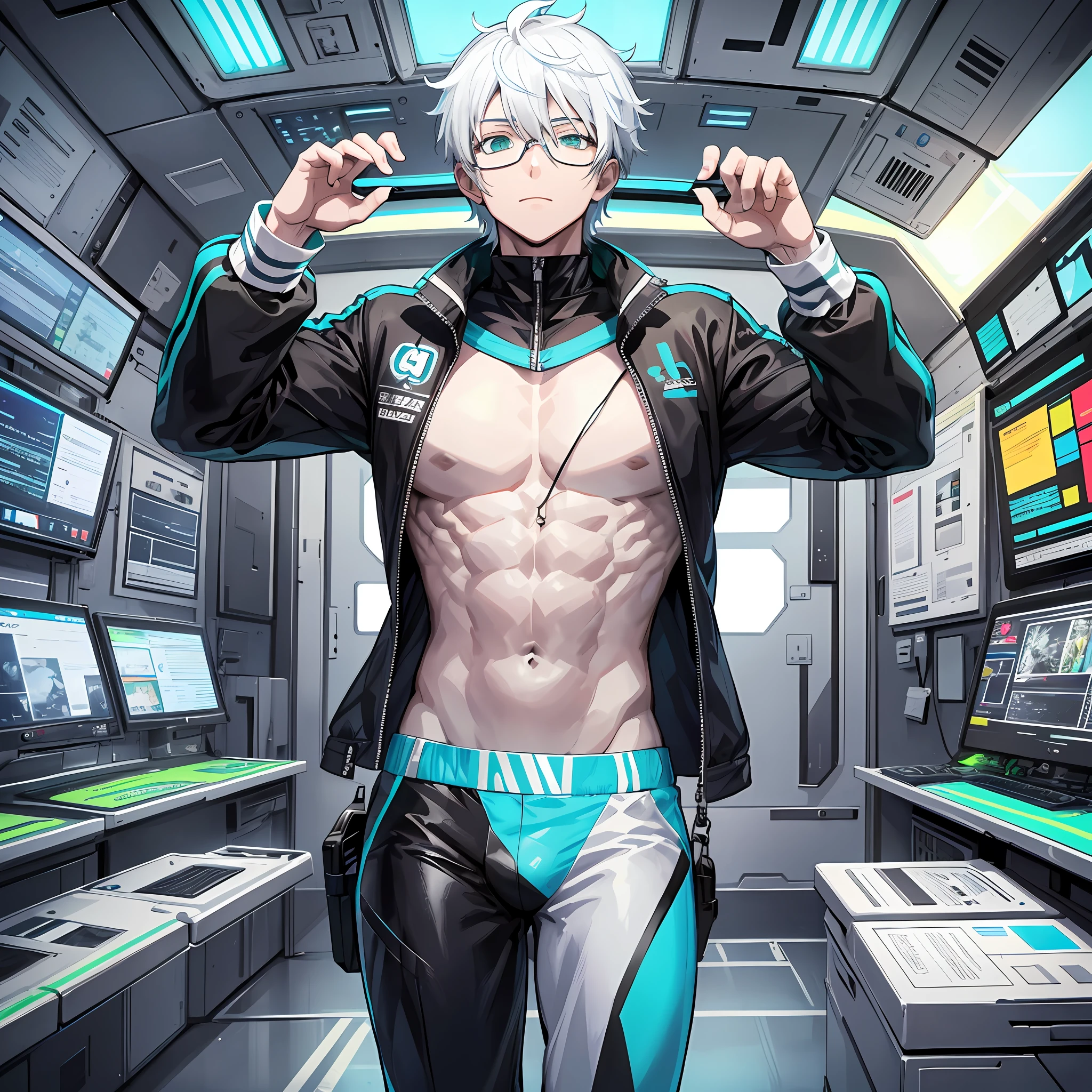 Athletic body boy, white hair, wearing glasses, black clothes with light blue, in a spaceship, light green eyes