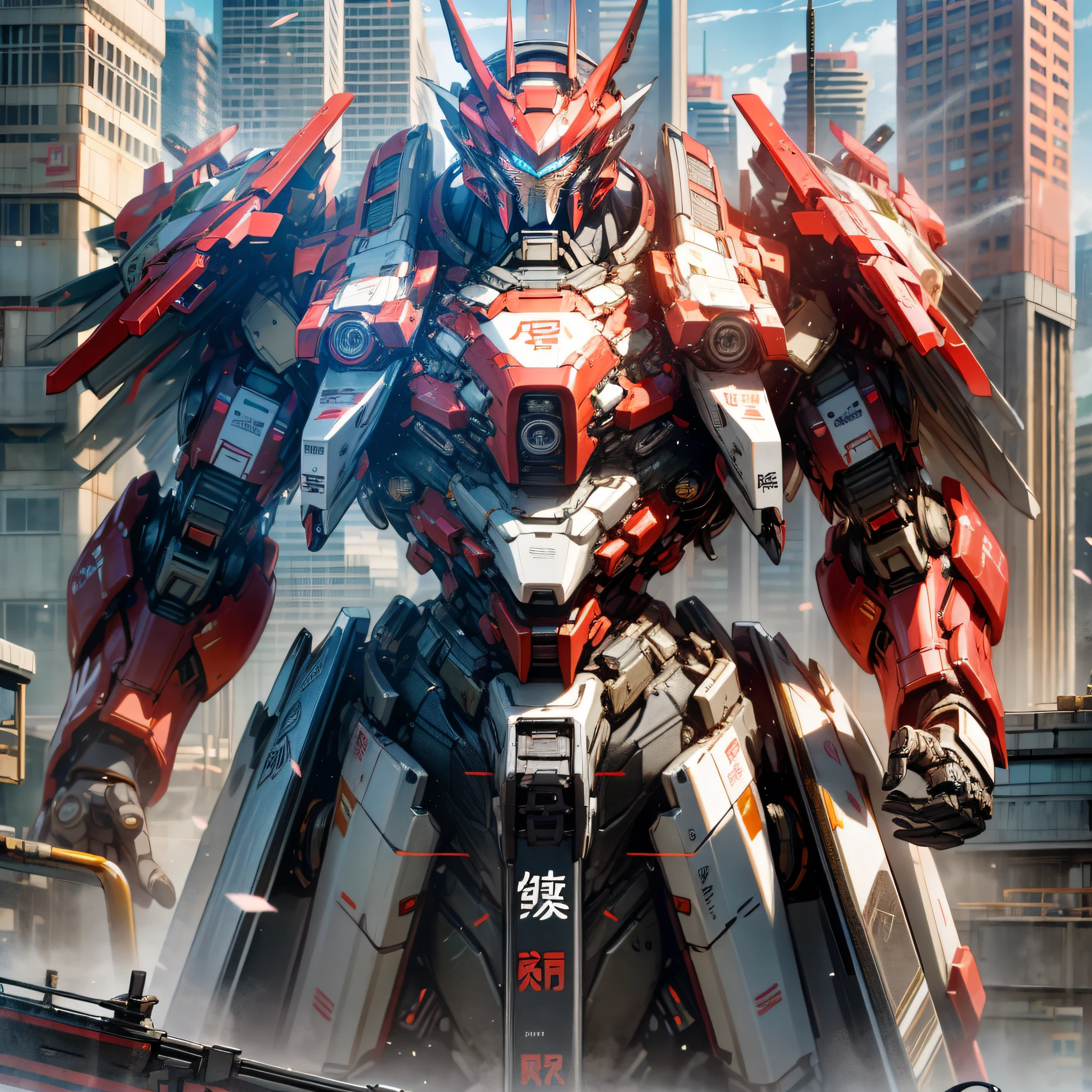 Pacific Rim mecha style, the background is the city, the mecha is higher than the city, the super large silver mech, holding a giant sword, the giant sword emits dark red light, there is a close-up of the face, and there is a fire weapon, the body is printed with Chinese Jishui 4 red characters, realistic style, top view, the picture is 8K resolution --auto --s2