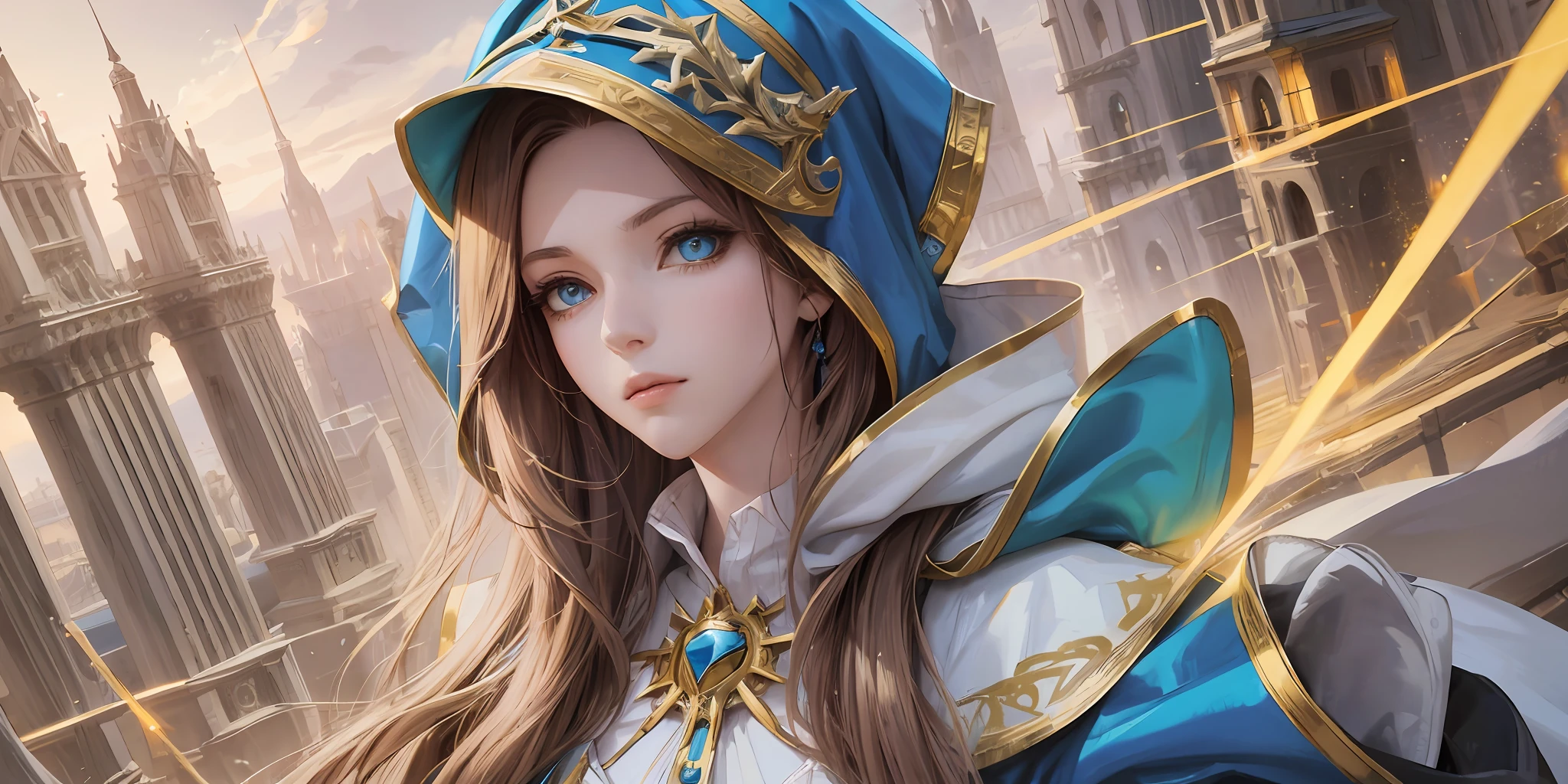 A full-body shot of Princess Zelda, brown hair, blue eyes, dressed as an Assassin from Assassins Creed, in white+gold with a white mask and hood with gold details, 25 years old, XL bust, using a glowing blue+gold kunai, ready to battle, fighting stance, Background: A city at night during the renaissance period. Unreal Engine 5, Anime, Anime style, Masterpiece, Well drawn eyes, well drawn face, well detailed eyes, well detailed face, 8k, light and shadow effect. --auto --s2