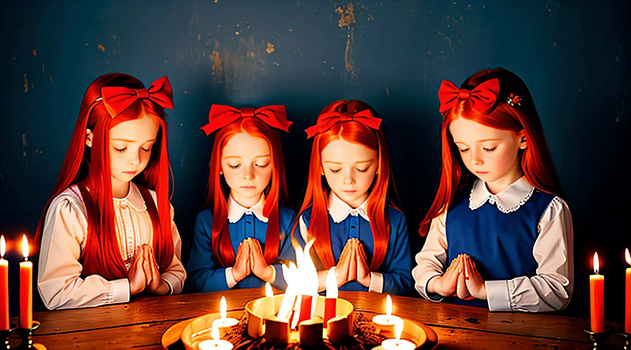 girl children REDHEADS WITH STRAIGHT HAIR ON HEAD BLUE COLOR BOWS, PRAYING, RED BACKGROUND, CANDLES WITH FIRE.