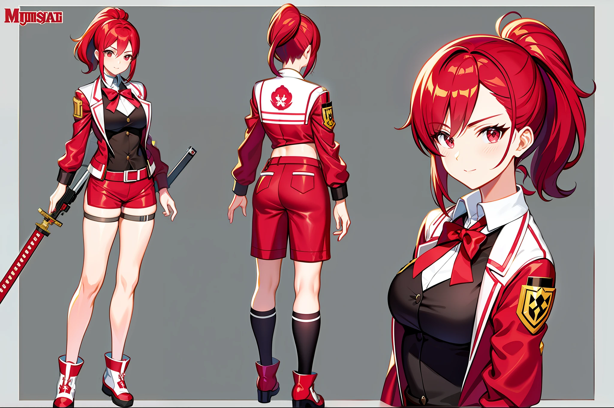 masterpiece,(best quality),anime girl in a red and white uniform with a gun, cushart krenz, female protagonist 👀 :8, cushart kenz, female magical anime. Girl guilty gear art style, sakura kinomoto, anime style character, anime character design, female anime character, katana zero video game character, sakura haruno, fullbody, ponytail, magicalgirl, jacket over uniform,red hair, ribbon on chest,( ( character concept art ) )