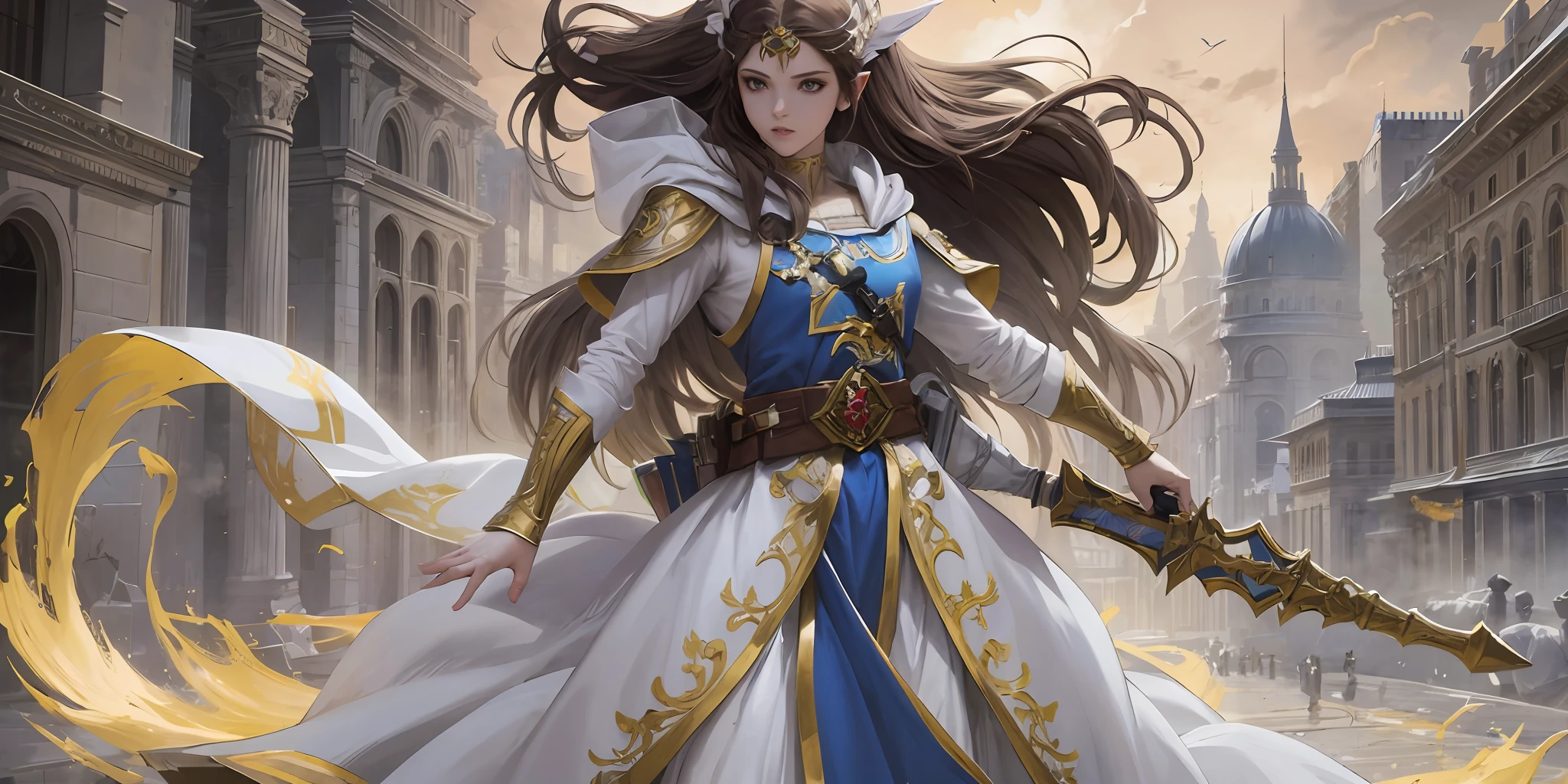A full-body shot of Princess Zelda, brown hair, blue eyes, dressed as an Assassin from Assassins Creed, in white+gold with a white mask and hood with gold details, 25 years old, XL bust, using a glowing blue+gold kunai, ready to battle, fighting stance, Background: A city at night during the renaissance period. Unreal Engine 5, Anime, Anime style, Masterpiece, Well drawn eyes, well drawn face, well detailed eyes, well detailed face, 8k, light and shadow effect. --auto --s2