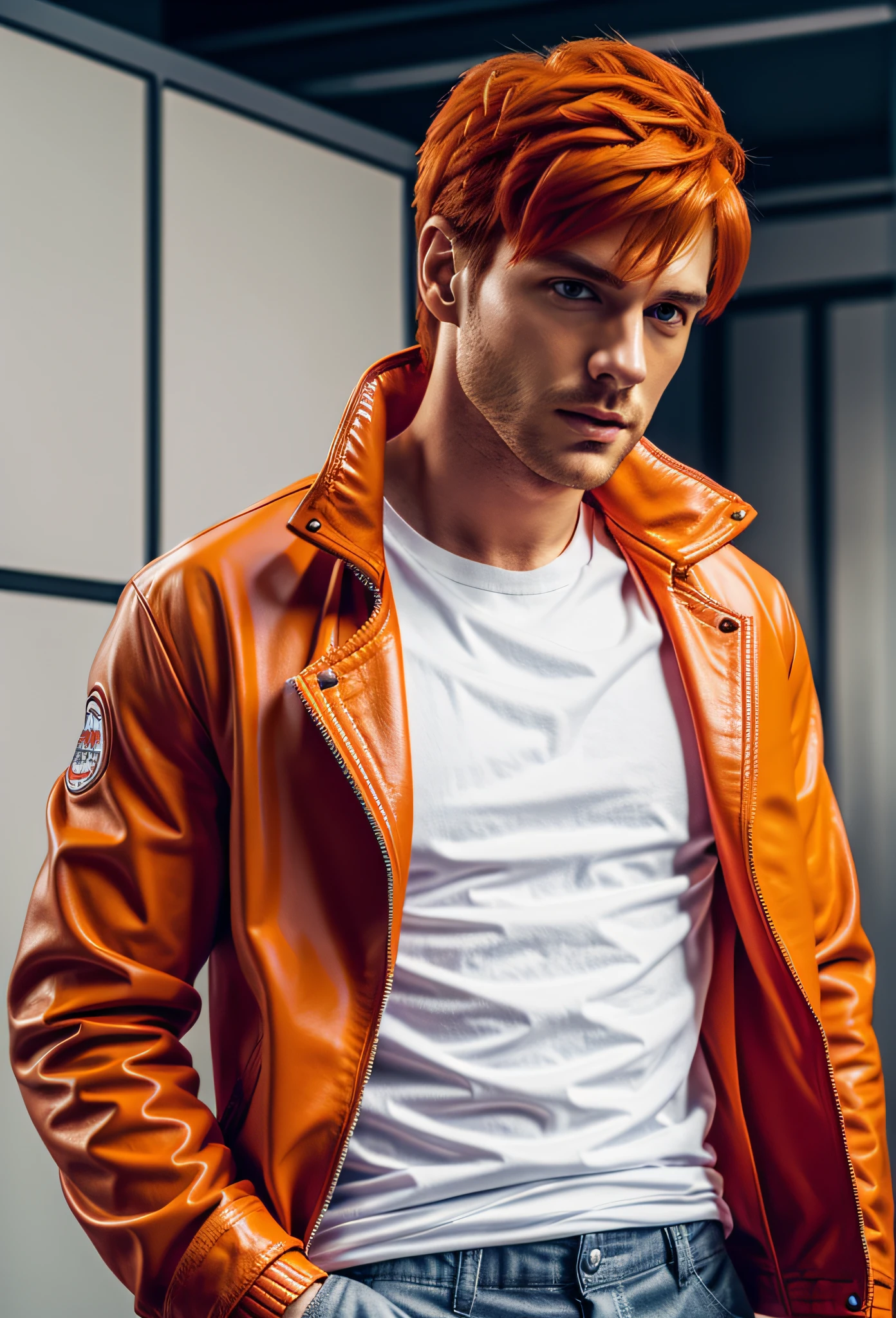 there is a man with orange hair and a white shirt, semi - realistic render, orange jacket, wearing an orange t-shirt, wearing red jacket, hyper realistic style, wearing in shirt, red leather short coat, photorealistic artstyle, wearing an orange t shirt, cool red jacket, red leather jacket, red shirt brown pants, leather clothing --auto --s2