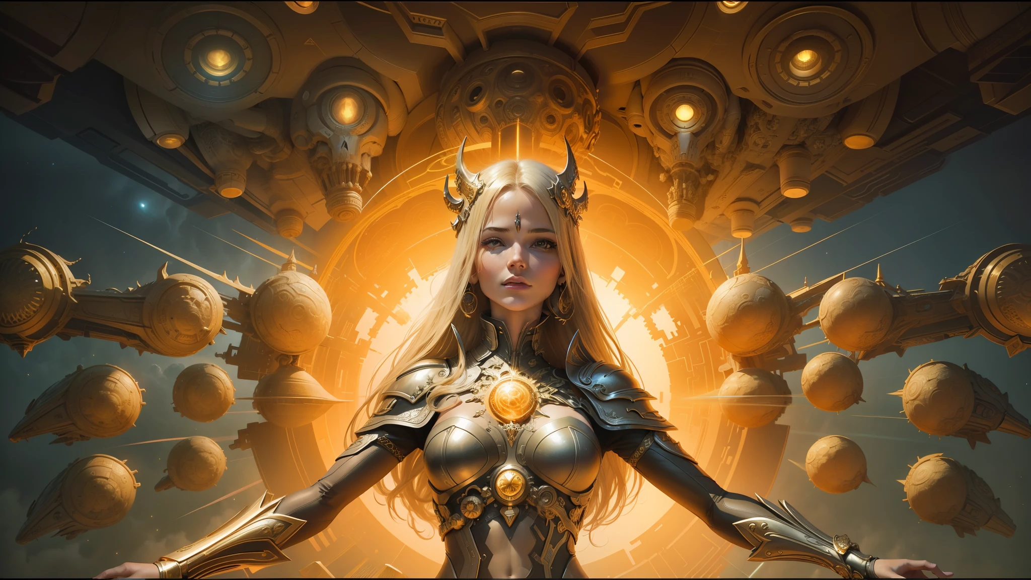 blond woman in a futuristic suit with a lot of skulls, fantasy drawing made of fractals, as the goddess of the sun, tangerine dream album cover, john stephens, inspired by Greg Staples, in screenshot from the 300 movie, by Mark Arian, panoramic view of girl, goddess. extremely high detail, futuristic starship crew member, gold fractal details, realms --auto --s2