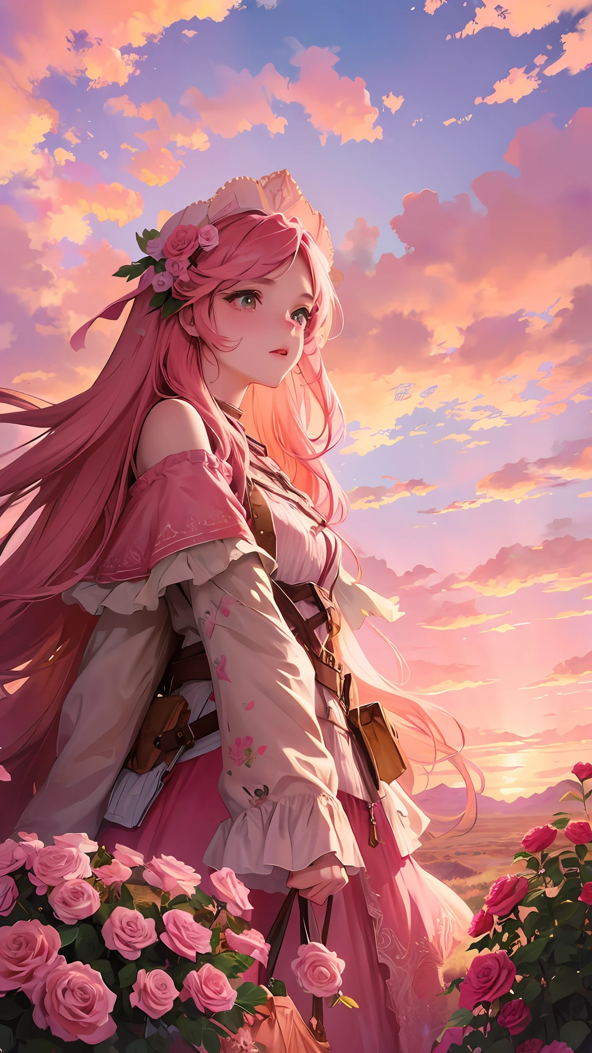 Summer, desert, pink clouds, a land overgrown with roses stands beautiful girl, James Gurney, art station rendered, ultra-wide lens, high definition