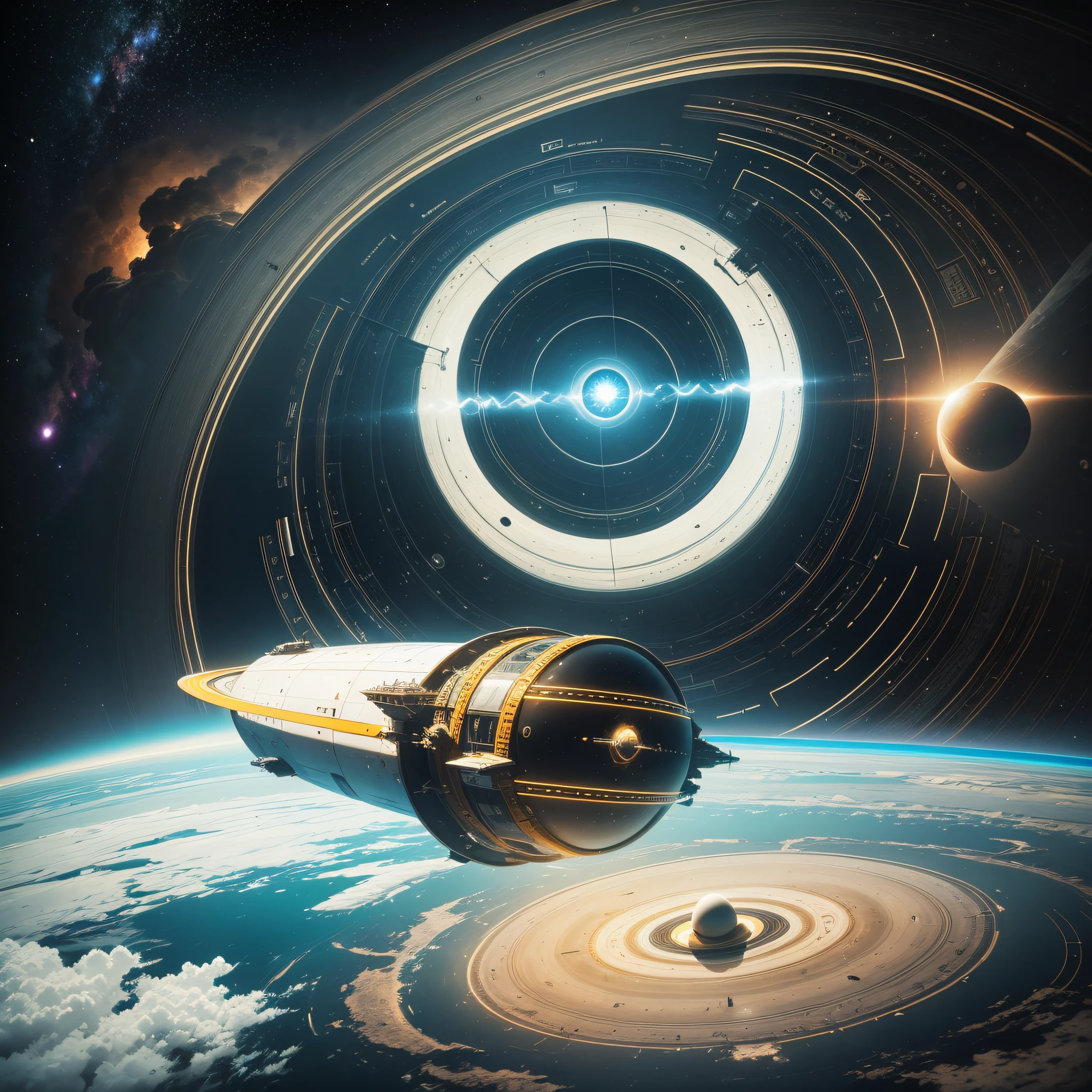 This mothership spacecraft landed on Saturn's ring. Visible on the horizon, surrounded by stars, is the conceptual art of science fiction. --auto --s2