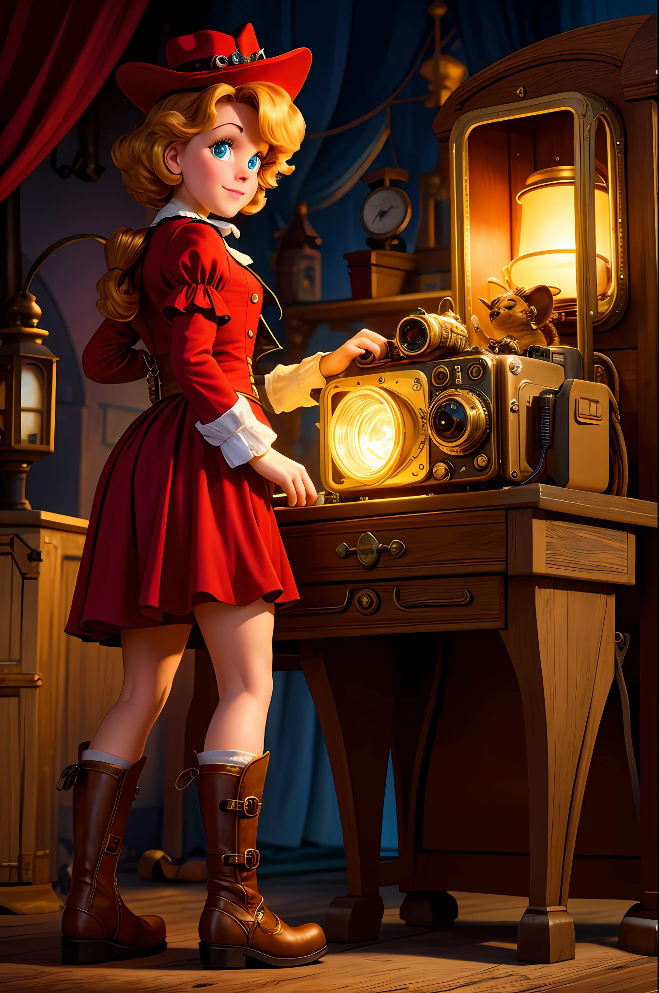 High definition picture quality, 8k photo, intricate details: 1.2, cinematic lighting, cartoon puss in boots 1960, Disney, steampunk, , , , , , --q 1, DSLR --v 6 --s2