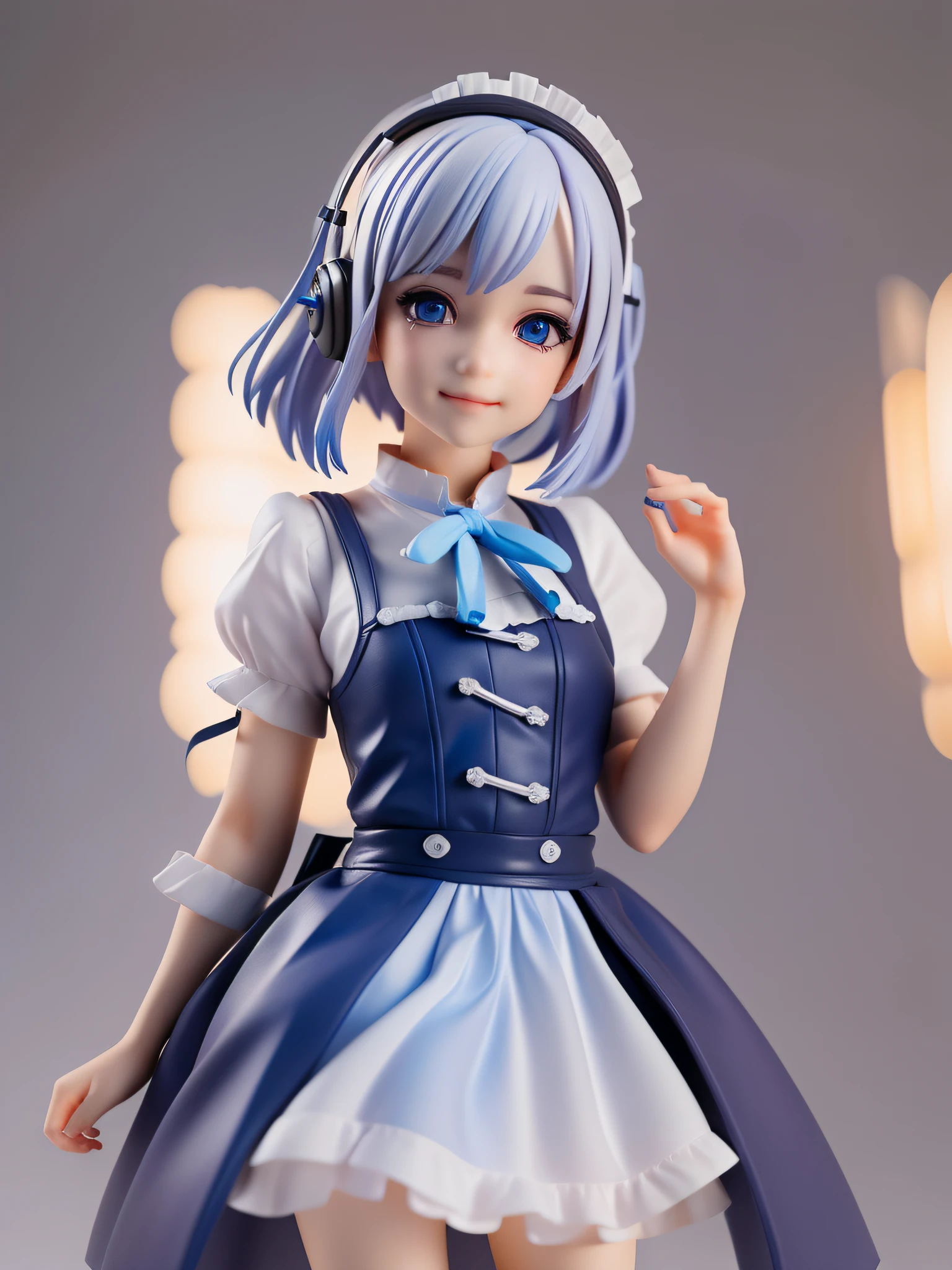 1girl,white hair,((bule hair tips)),black headphone,maid clothes(white blue),blue eye,hand up, short hair,hair between eyes BREAK full body, chibi, [realistic], [3d], (3dcg), ((octane render)), [fisheye], smile, closed mouth BREAK (8k, RAW photo, best quality, masterpiece:1.2), ultra high res, (((realistic, photo-realistic))), professional lighting, detailed lighting, professional photography, fisheye, dynamic angle, high quality, high res, extremely detailed, bloom BREAK depth of field, sketch, sharp focus, soft lighting, good composition, god light highlight, detailed, (((photorealistic details))), detailed skin, to8contrast style