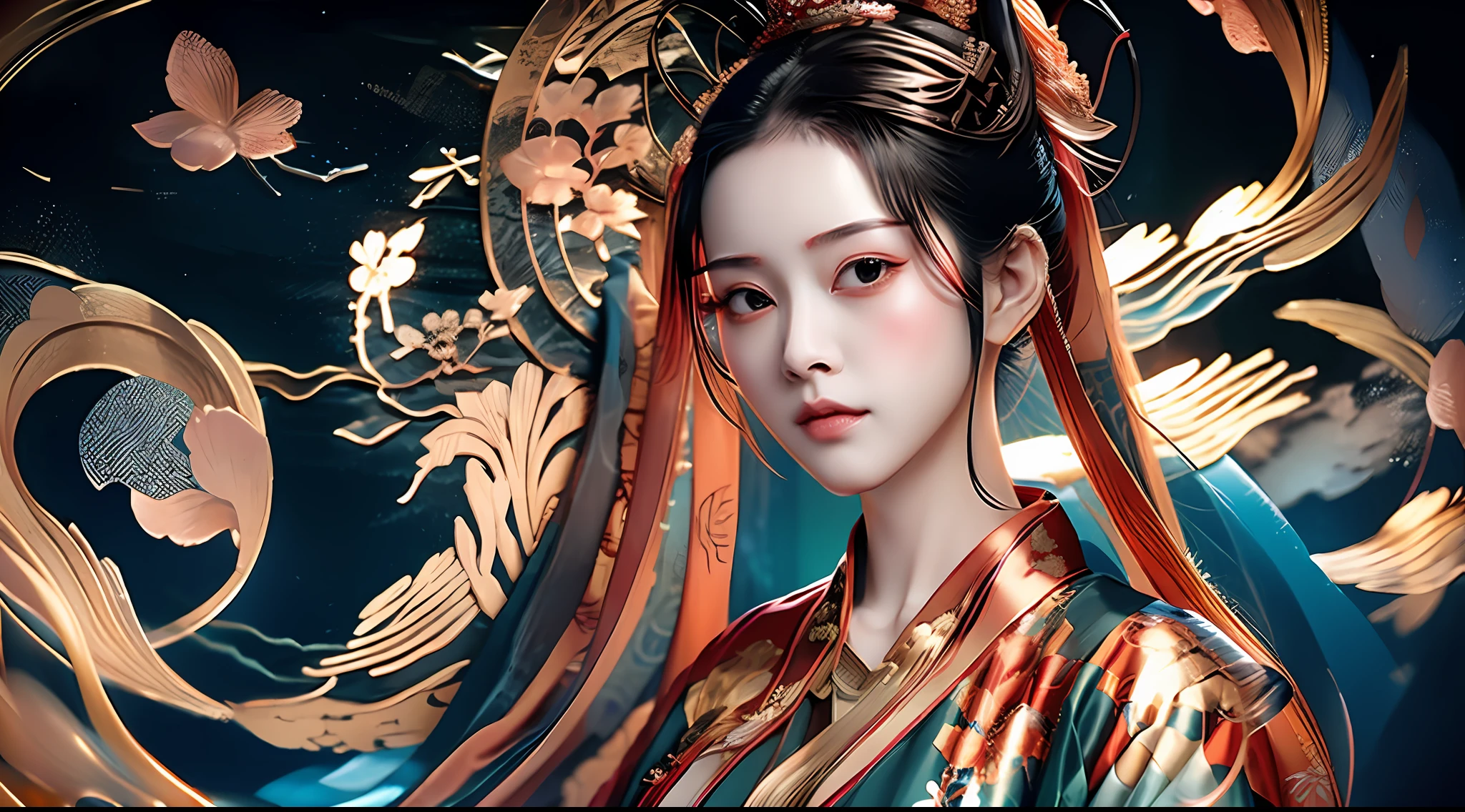 Wu Zetian, female emperor, a very beautiful woman, dignified and beautiful, beautiful face, beautiful eyebrows, delicate skin, graceful figure, dignified atmosphere, dignified and majestic, her hairstyle is often coiled in a bun, Chinese headdress, jewelry, gorgeous clothes, making her look more noble and gorgeous, peerless beauty, "national color and fragrance, sinking fish falling geese". Hanfu,