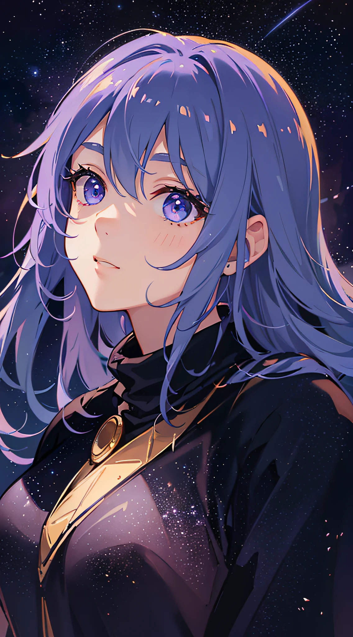 A vast landscape is presented in front of you, showing a young girl looking up at the sky in a field, with a clear blue sky above and a golden field below. The moon is bright and radiant, meteors cut through the sky, leaving trails, and nebulae fill the sky, emitting brilliant brilliance. In the distance, mountains loom and birds flutter in the woods. Lights illuminate the details, purple and orange create a complex and delicate atmosphere. The dynamic composition is more beautiful, the details of color and light and shadow are more gorgeous, and the rainbow of dazzling brilliance exudes a fantastic magical charm. Highest quality, unique artistic temperament. Okay, that's it for today's video, I hope you enjoy this mysterious scene. If you guys liked the scene, please leave your comments and thoughts below. See you in the next issue! --auto --s2