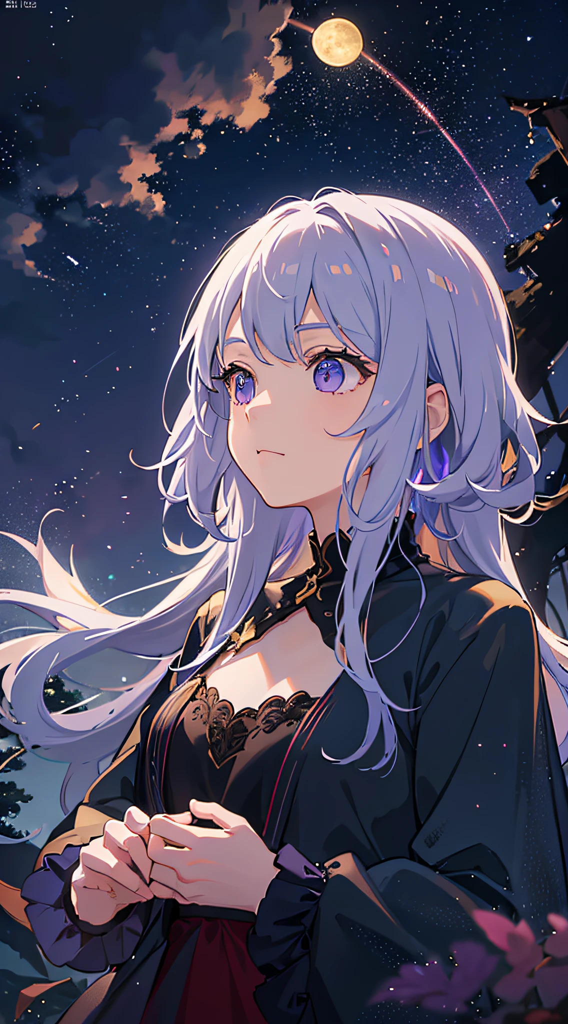 A vast landscape is presented in front of you, showing a young girl looking up at the sky in a field, with a clear blue sky above and a golden field below. The moon is bright and radiant, meteors cut through the sky, leaving trails, and nebulae fill the sky, emitting brilliant brilliance. In the distance, mountains loom and birds flutter in the woods. Lights illuminate the details, purple and orange create a complex and delicate atmosphere. The dynamic composition is more beautiful, the details of color and light and shadow are more gorgeous, and the rainbow of dazzling brilliance exudes a fantastic magical charm. Highest quality, unique artistic temperament. Okay, that's it for today's video, I hope you enjoy this mysterious scene. If you guys liked the scene, please leave your comments and thoughts below. See you in the next issue! --auto --s2