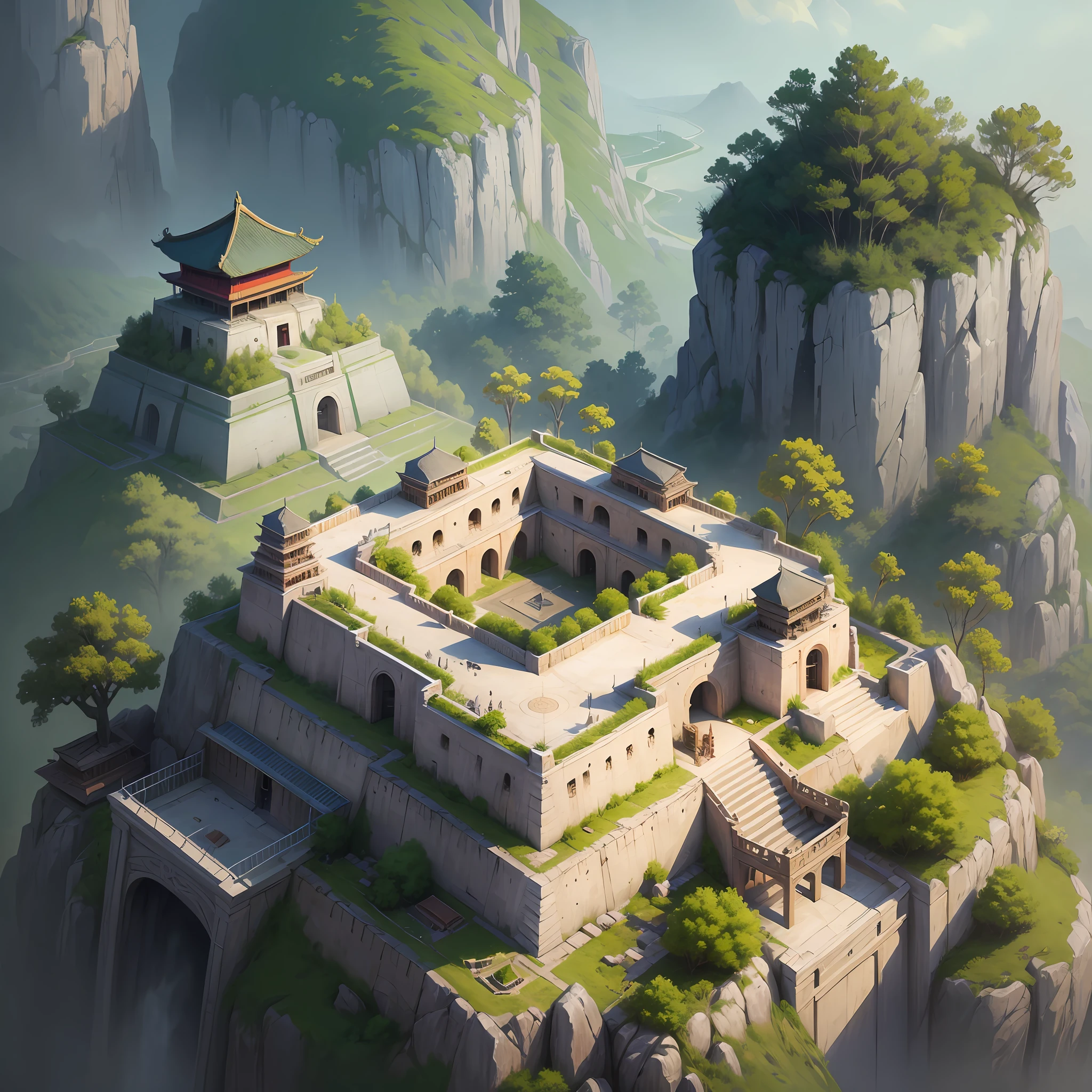 Qin Guo, Guofeng, (Ancient Prison: 1.2) Top view, clear HD, 8K resolution, digital painting, concept art, Shinkai Makoto style, POP trend, Pixiv hot trend.