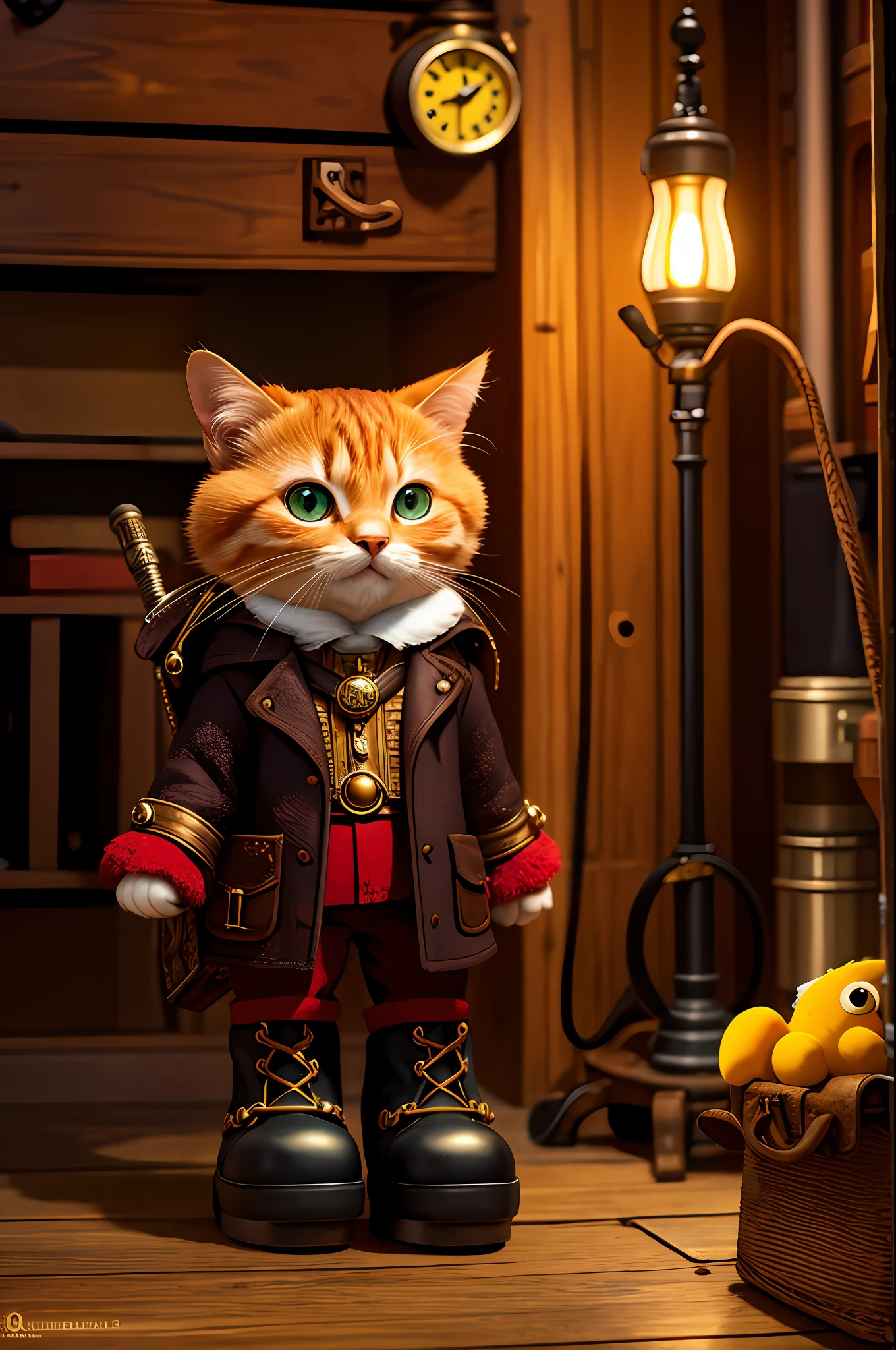 High definition picture quality, 8k photo, intricate details: 1.2, cinematic lighting, cartoon puss in boots 1960, Disney, steampunk, , , , , , --q 1, DSLR --v 6 --s2