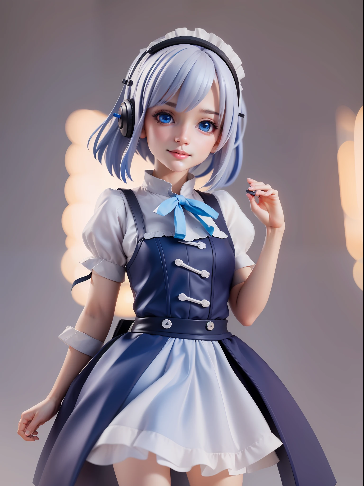 1girl,white hair,((bule hair tips)),black headphone,maid clothes(white blue),blue eye,hand up, short hair,hair between eyes BREAK full body, chibi, [realistic], [3d], (3dcg), ((octane render)), [fisheye], smile, closed mouth BREAK (8k, RAW photo, best quality, masterpiece:1.2), ultra high res, (((realistic, photo-realistic))), professional lighting, detailed lighting, professional photography, fisheye, dynamic angle, high quality, high res, extremely detailed, bloom BREAK depth of field, sketch, sharp focus, soft lighting, good composition, god light highlight, detailed, (((photorealistic details))), detailed skin, to8contrast style