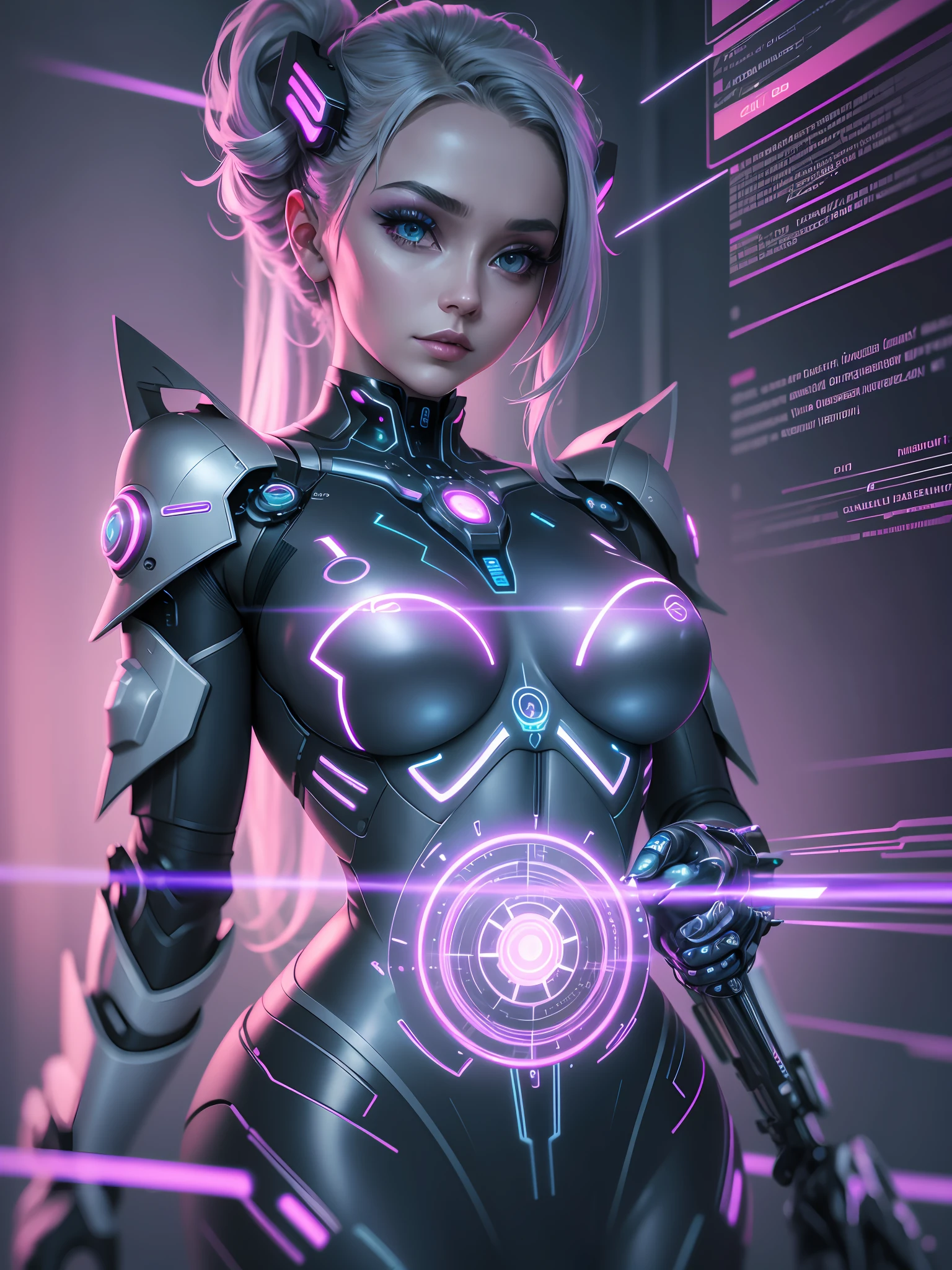 photo of futuristic goddess, cybernetic augmentation, ethereal aura, vibrant neon circuits haunting beauty, breathtaking composition, Sony Alpha camera, Sony G Master lenses, cinematic lighting, masterpiece --auto --s2