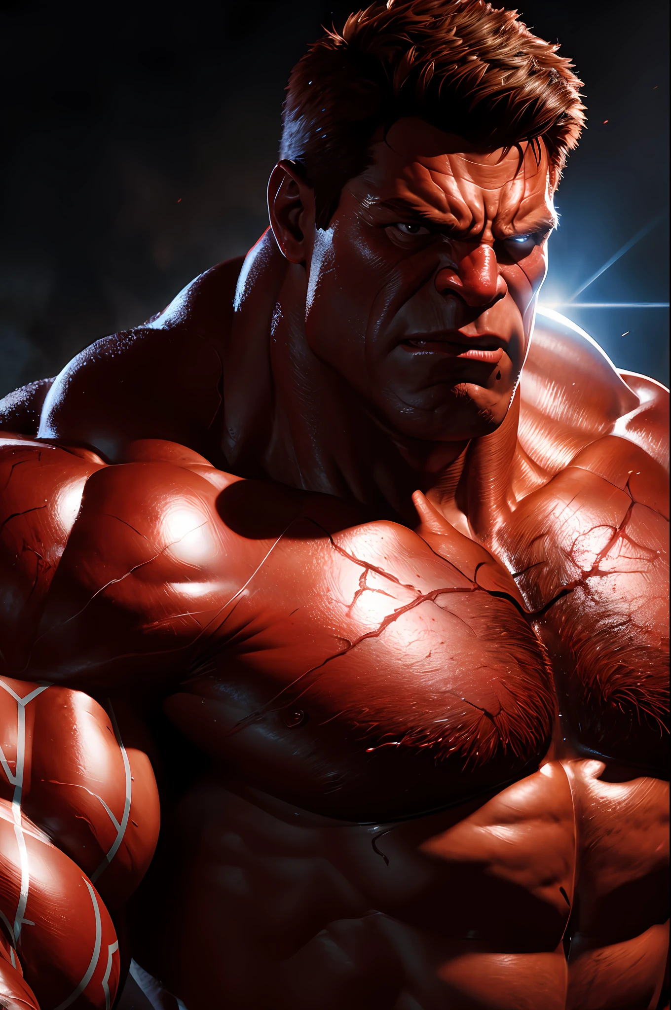 Marvel Comics, close-up portrait, Red Hulk, realistically, dynamic lights, full footage, (extremely detailed 8k wallpaper of the CG unit), trend in ArtStation, trend in CGSociety, high detail, sharp focus, dramatic, photorealistic.