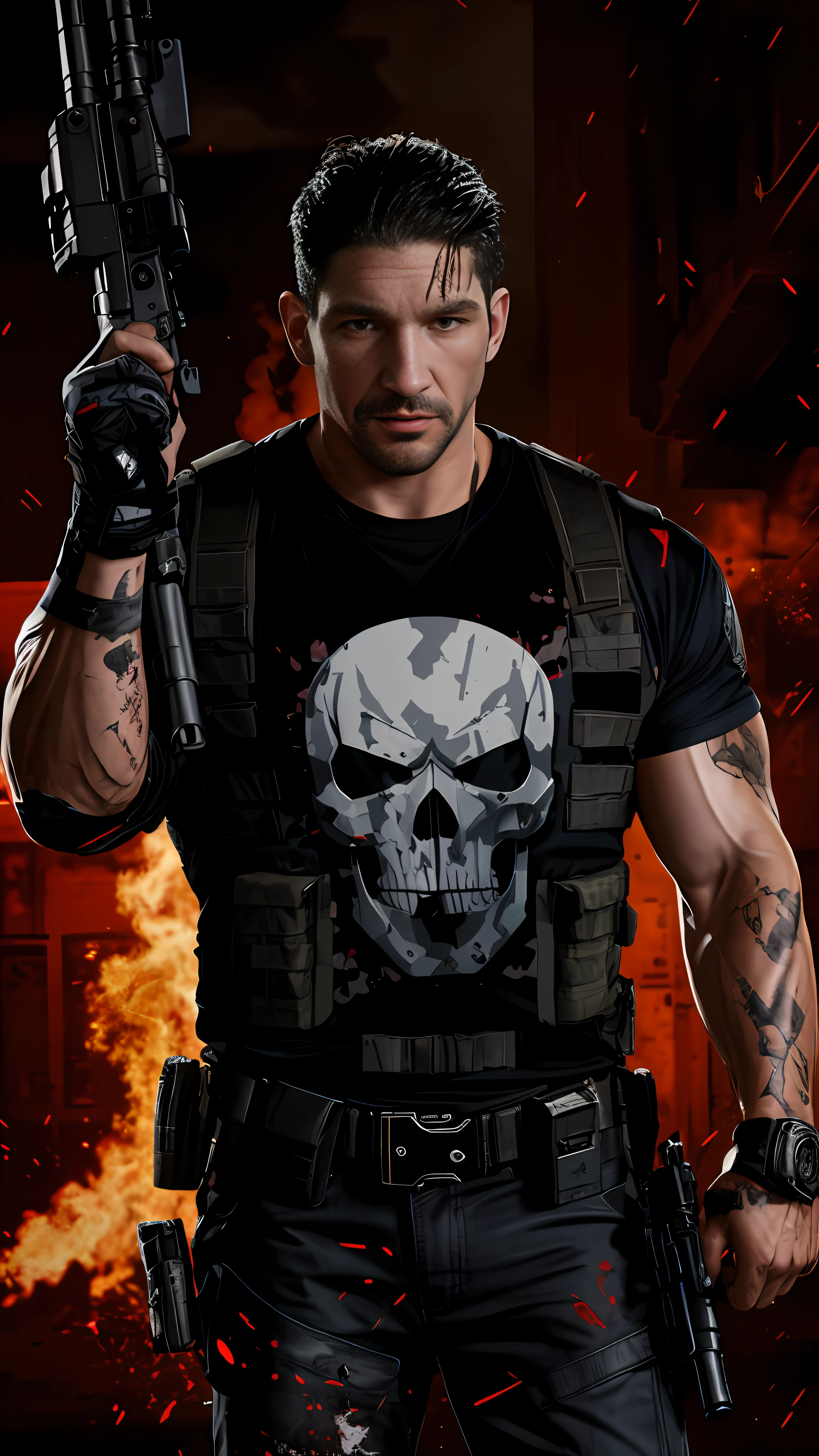 Jon Bernthal, vigilante, Marvel, military suit, skull on shirt, holding a pistol and machine gun, blood on clothing. detailed pistol detailed machine gun
