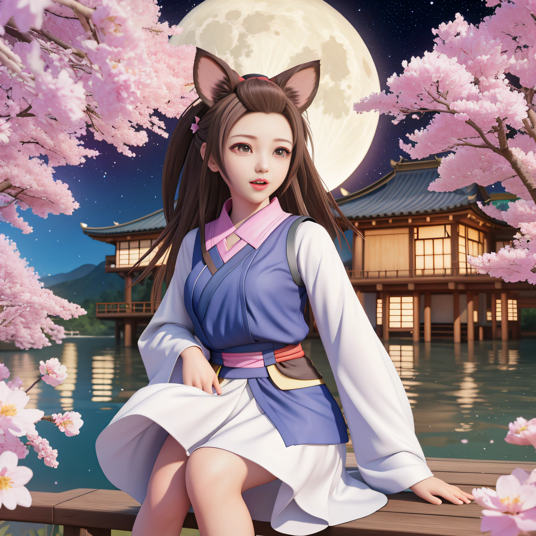masterpiece, best quality, 8k, wonderful, lake, mountain, bamboo forest, wooden house, moon, night, star sky, Galaxy, only 1 girl, blossom, brown hair, brown eyes, bangs pinned back, with bow tie, forehead, animal ears, animal tail, have a tail, very long sleeves, petite, kimono, girl, adult, yugioh, ash blossom & joyous spring, open mouth, sitting