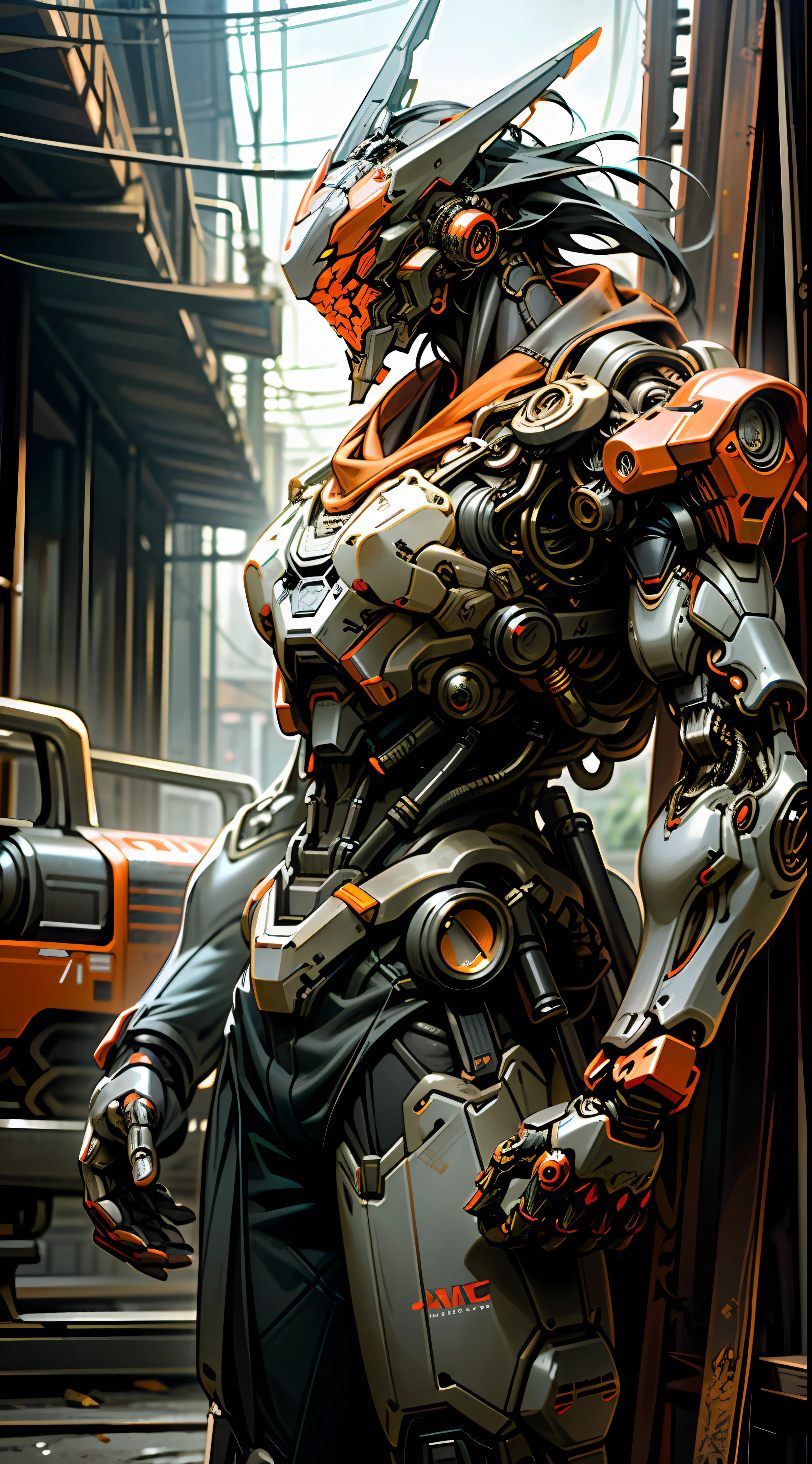 Dark_Fantasy,Cyberpunk,(chain saw,chain saw man,Red:1.1),1man,Mechanical marvel,Robotic presence,Cybernetic guardian, wearing a worn-out mech suit, intricate, (steel metal [rusty]), elegant, clear focus, shot by greg rutkowski, soft lighting, vibrant colors, masterpiece, ((street)), cowboy shot, dynamic pose,
