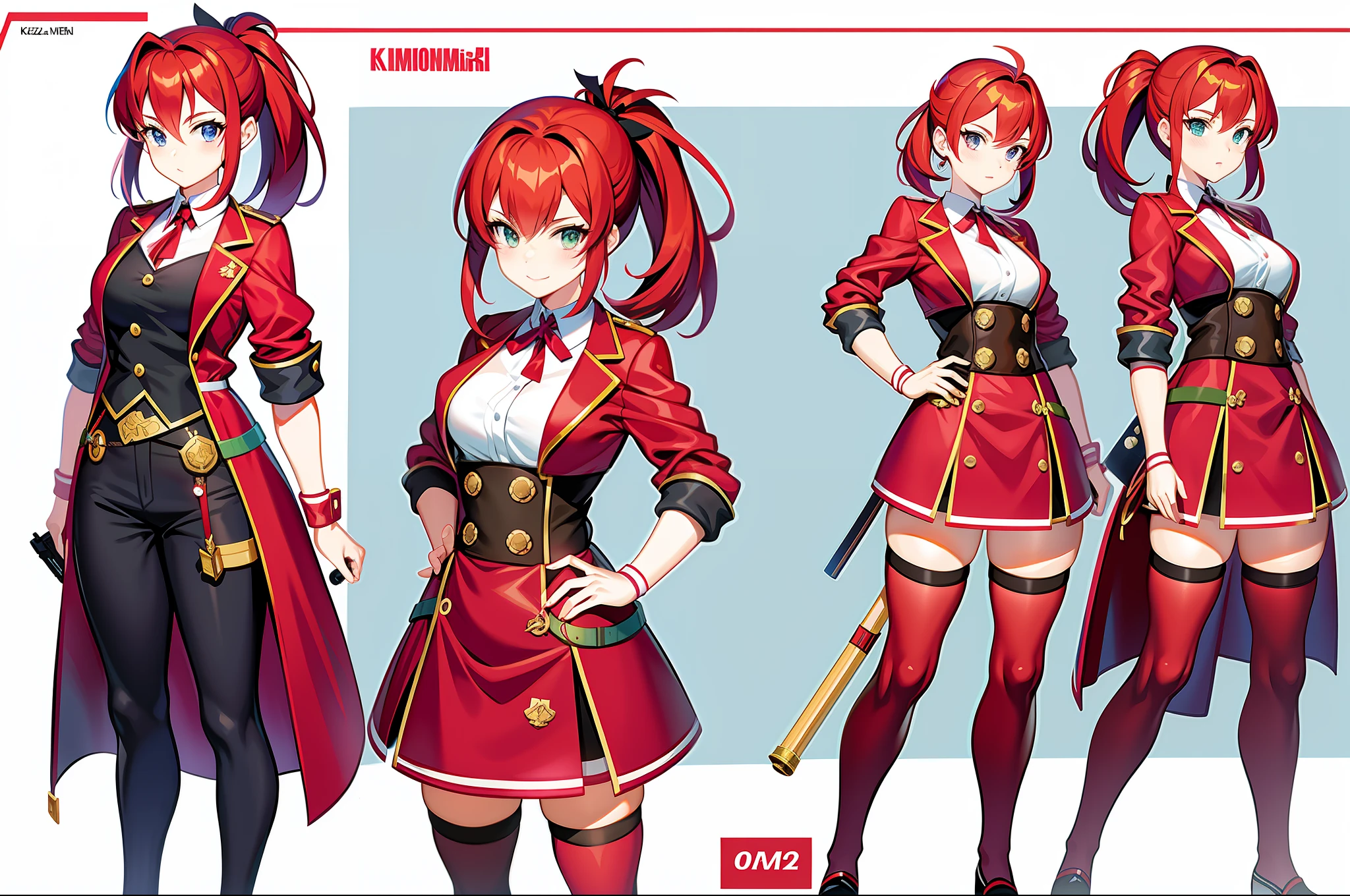 masterpiece,(best quality),anime girl in a red and white uniform with a gun, cushart krenz, female protagonist 👀 :8, cushart kenz, female magical anime. , sakura kinomoto, anime style character, anime character design, female anime character, katana zero video game character, sakura haruno, fullbody, ponytail, magicalgirl, jacket over uniform,red hair, ribbon on chest,( ( character concept art ) )