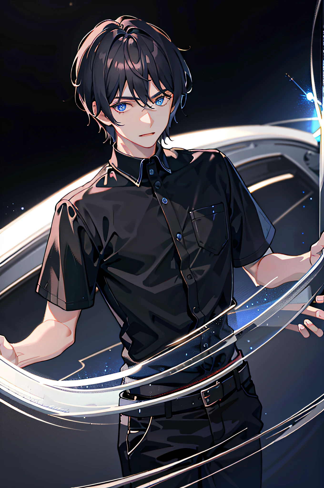 Masterpiece, best quality, delicate facial features, bust shooting, extremely detailed CG unified 8K wallpaper, (male 1.3), black short sleeves, blue eyes, black short hair, serious, electric shock, hand touch wire