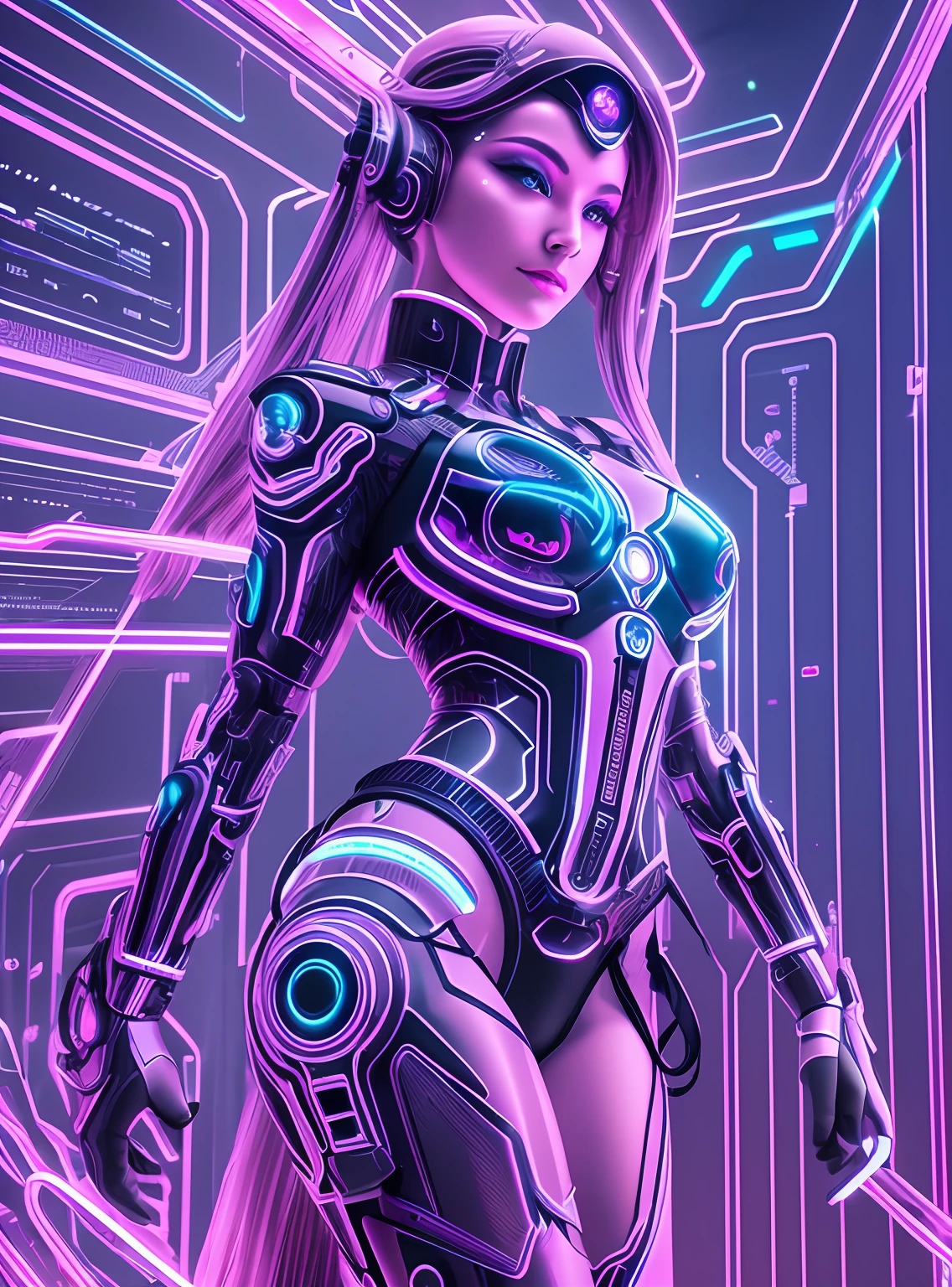 photo of futuristic goddess, cybernetic augmentation, ethereal aura, vibrant neon circuits haunting beauty, breathtaking composition, Sony Alpha camera, Sony G Master lenses, cinematic lighting, masterpiece --auto --s2