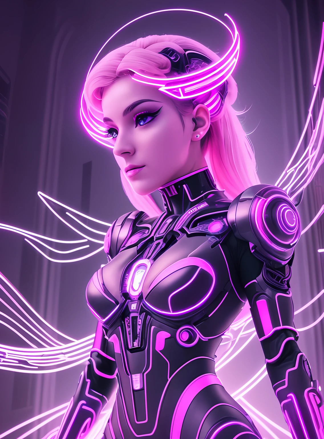 photo of futuristic goddess, cybernetic augmentation, ethereal aura, vibrant neon circuits haunting beauty, breathtaking composition, Sony Alpha camera, Sony G Master lenses, cinematic lighting, masterpiece --auto --s2