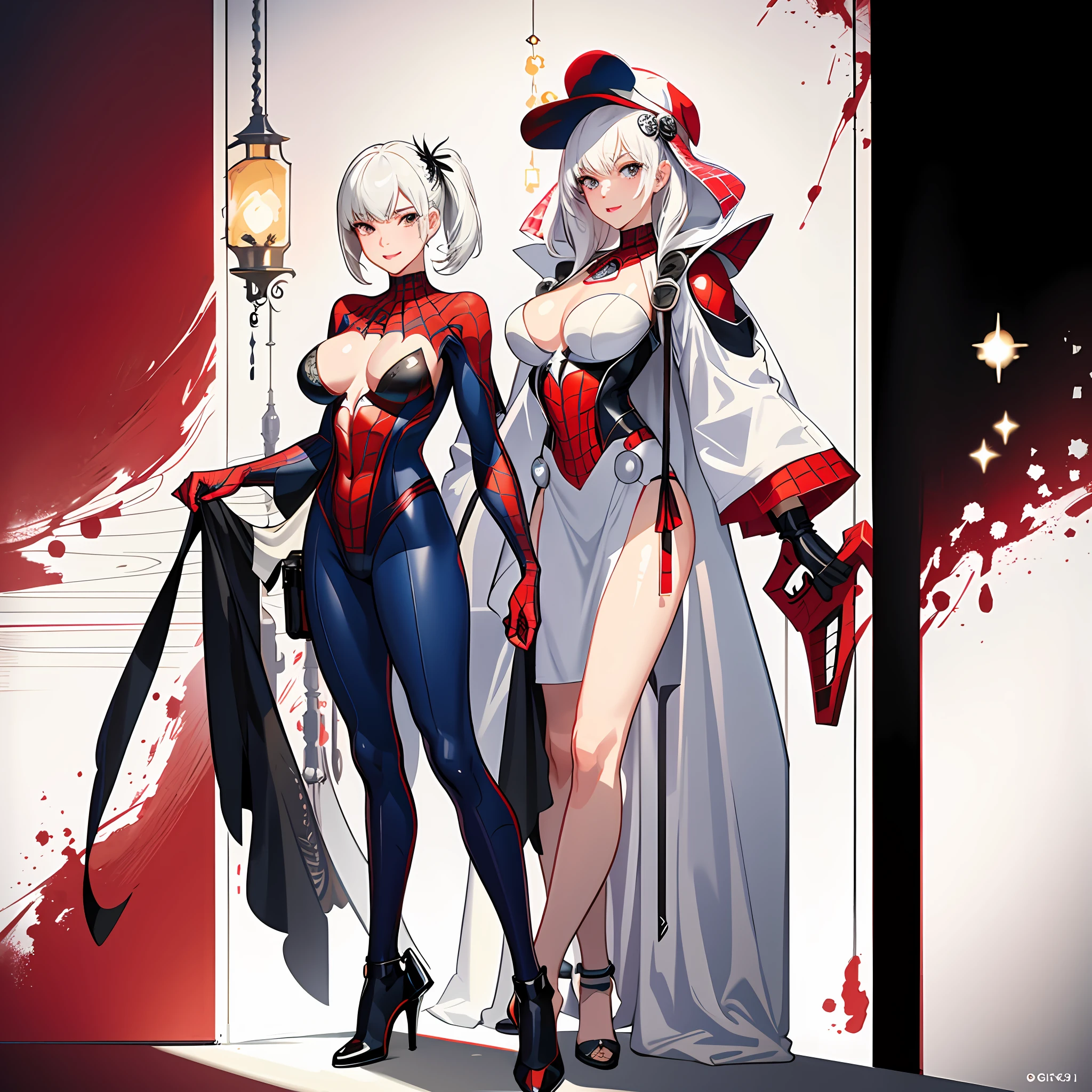 Masterpiece, Best, Highest Resolution, Highest Quality, Highest Pixel, Ultra Realistic, Gwen Spider-Man, Full Body, Spider Uniform, Extremely Detailed CG Wallpaper, Moderate Breasts, Sexy Figure, White Hair, Smiley Face, Red Glow, Milk Stains on the Corners of the Mouth, Bikini, Standing Pose