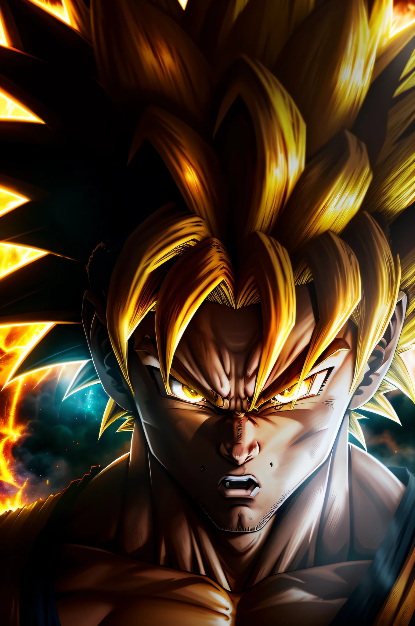 Explosive front shot of Goku in Super Saiyan mode, with bright yellow hair, yellow eyeshadow and green eyes.