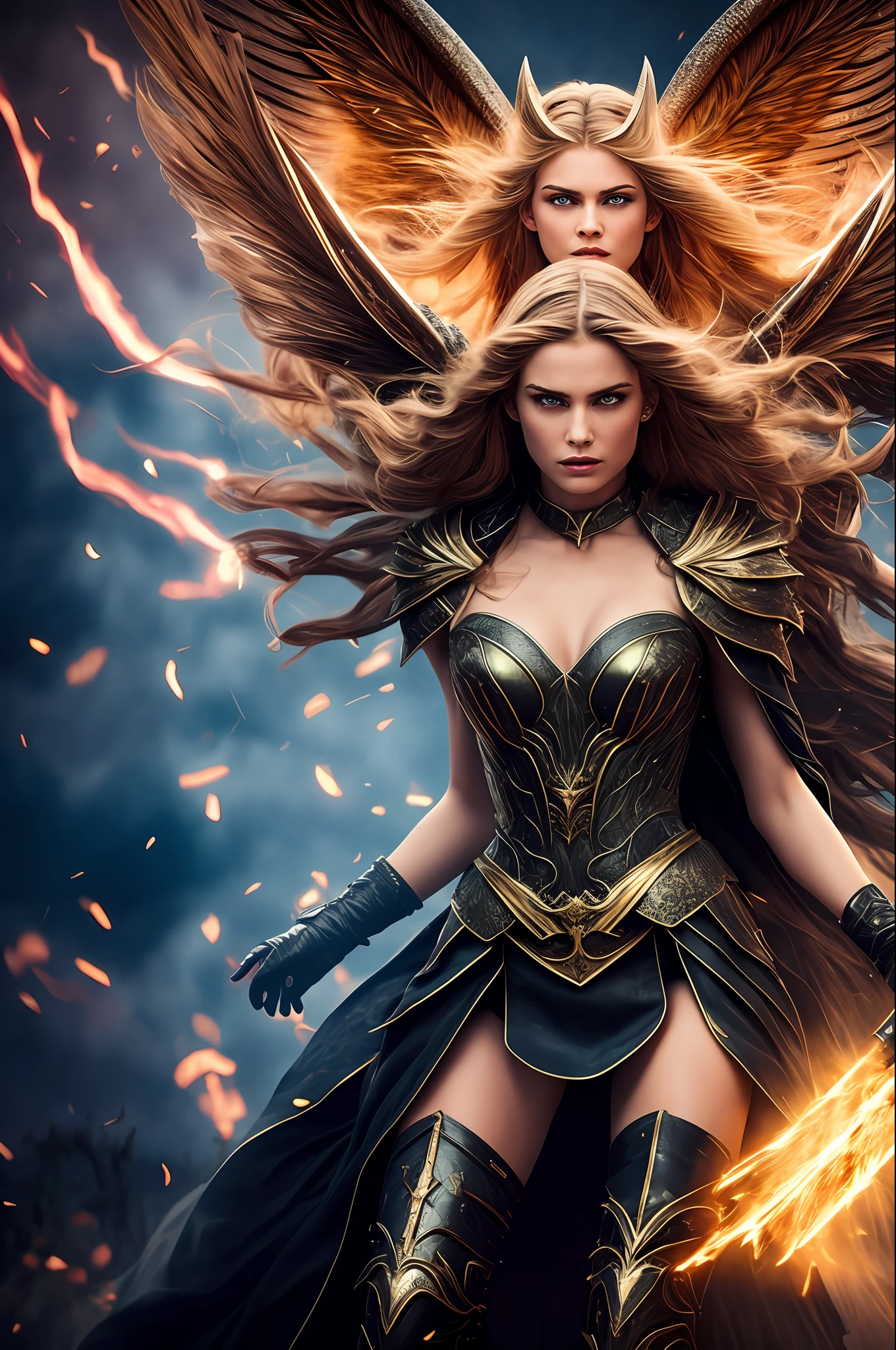The photo shows a battle between an angel and a witch, an angel fights a witch, a battle, a battlefield, an angel against a witch, hyper-detail, ultra-sharpness, 8k, (insanely detailed: 1.5), full-length photography, 20 MP, canon eos r3, detailed skin, (perfect face: 1.5), perfectly drawn faces